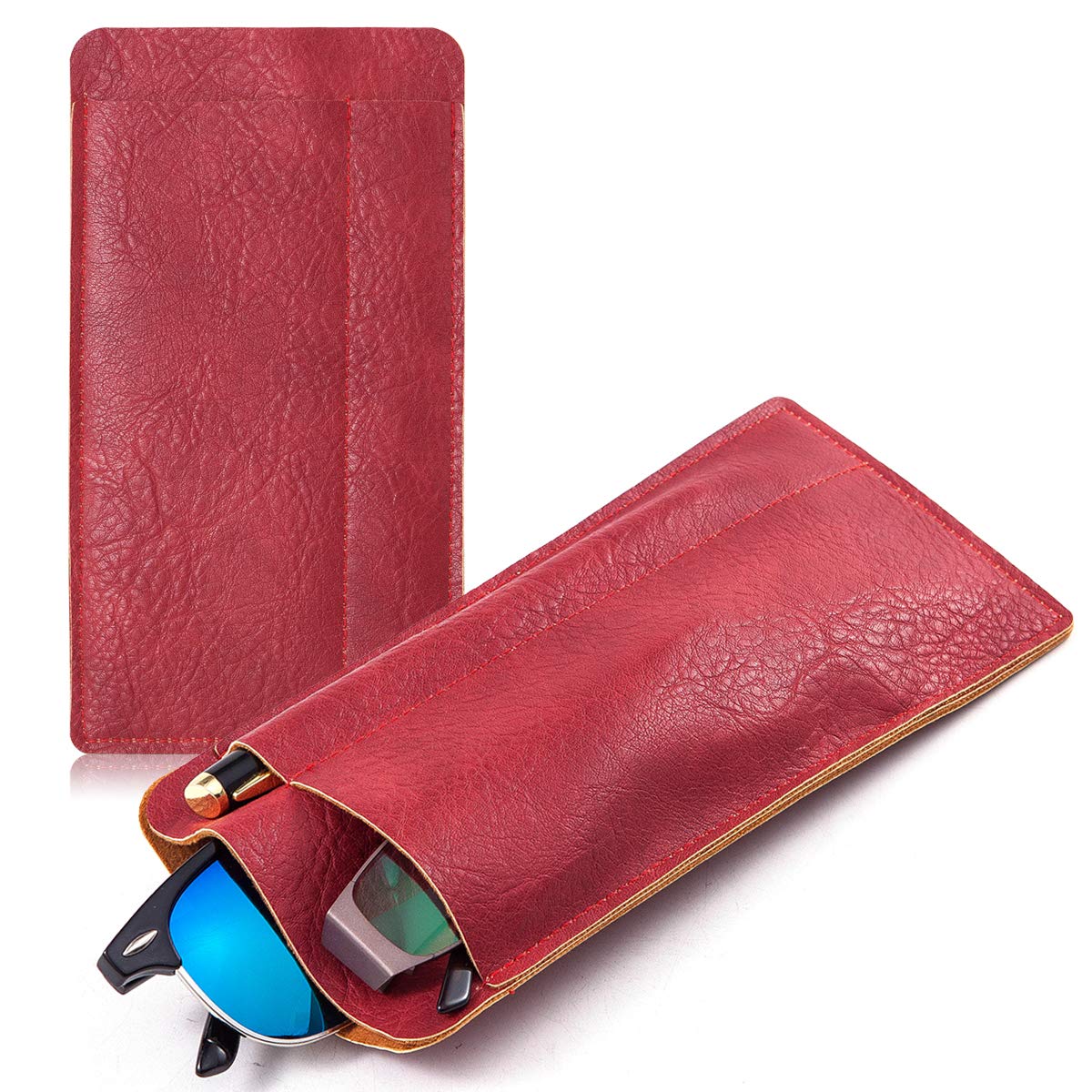 TRIUMPH VISION Double Eyeglasses Pouch Sunglasses Pouch Glasses Sleeve Leather Soft Case for Shades Reading Frame Pen Pencil