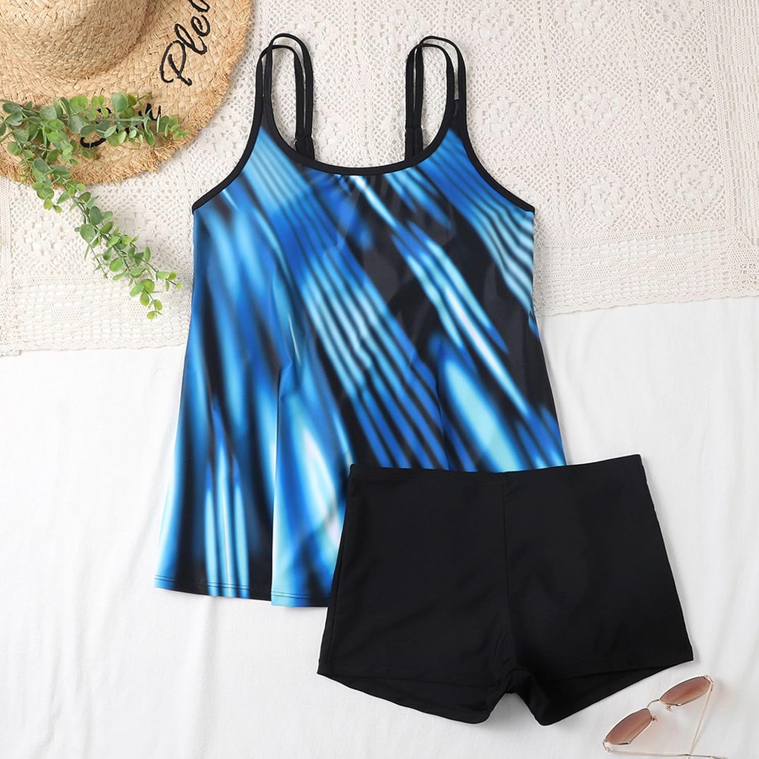 Lu's Chic Women's Tummy Control Tankini Swimsuit 2 Piece Bathing Suit Modest Floral Print Swim Top