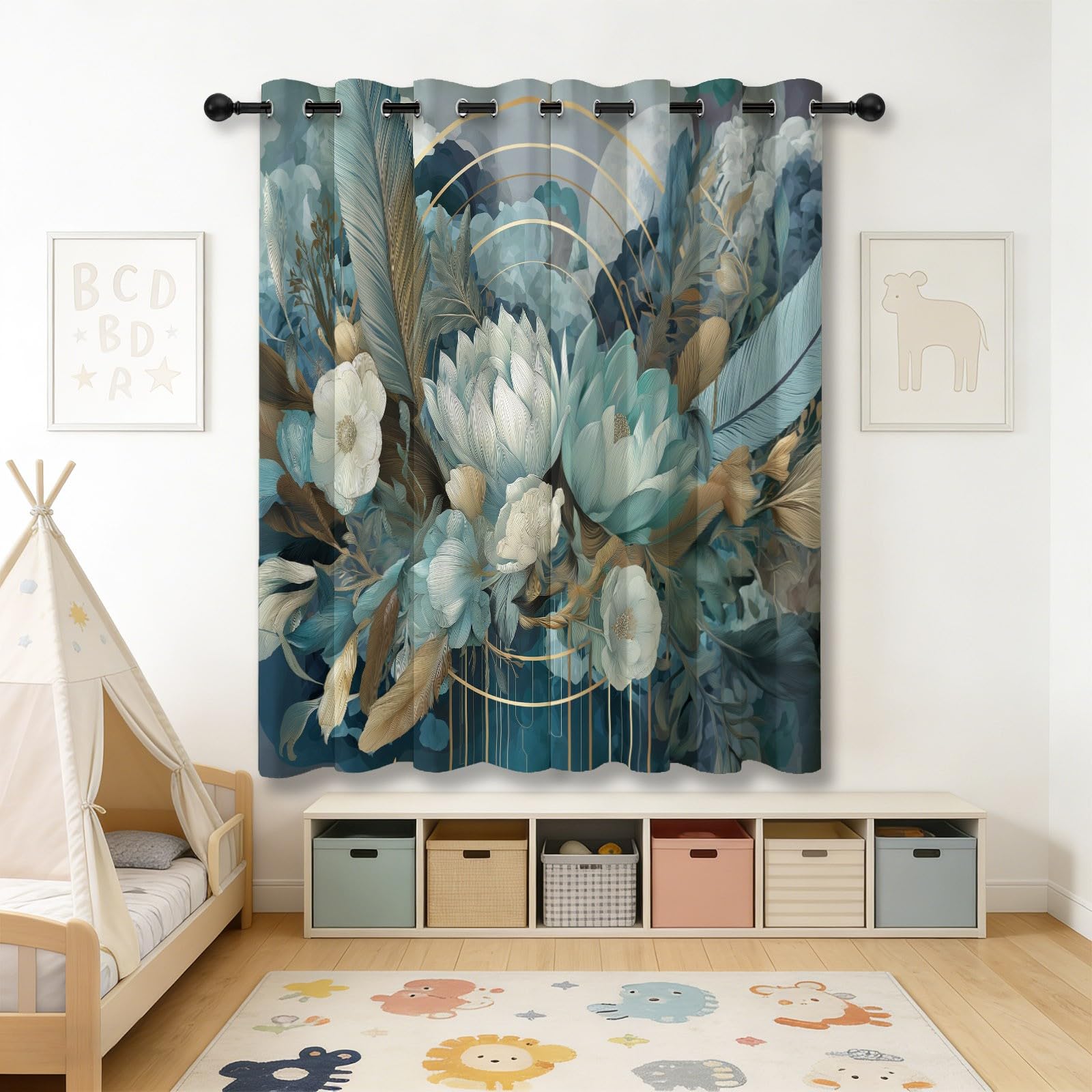 Zasłony izolacyjne 110 L x 215H cm (2 panele), minimalistyczny i wykwintny design z piórami, nieprzezroczyste wiszące przed ciepłem do głównej sypialni, niebiesko-zielone
