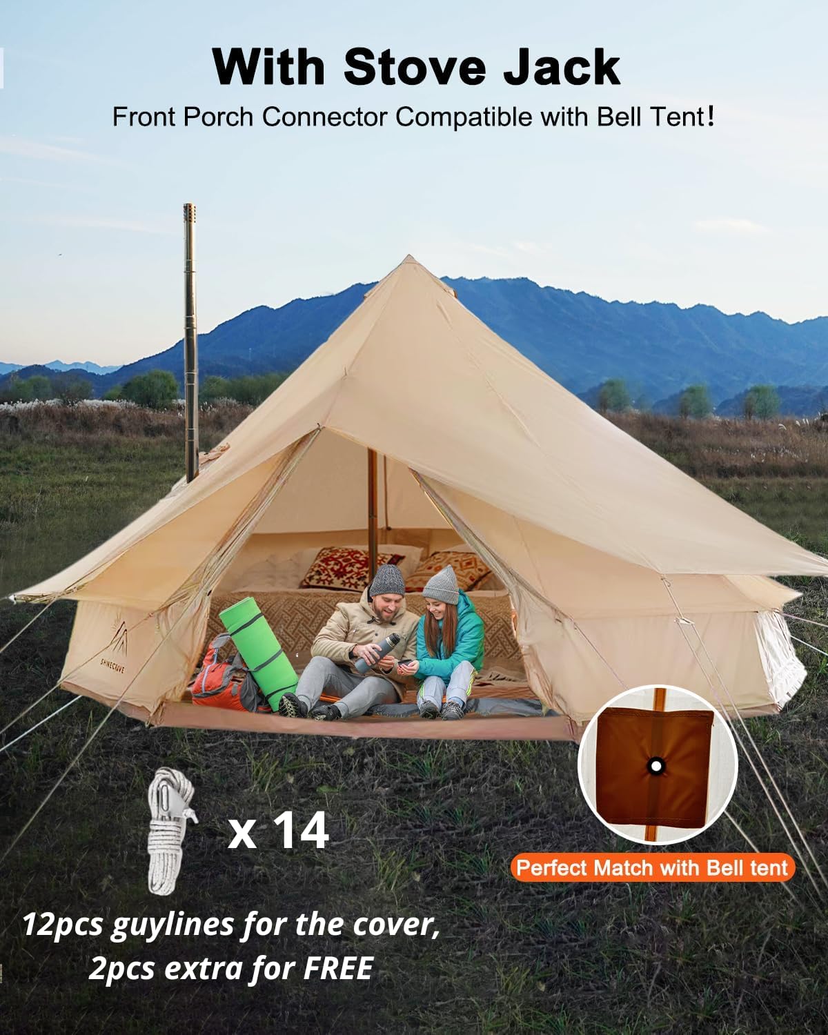 Bell Tent Rain Cover with Stove Jack and Roof Vents for Camping,Waterproof,PU5000,Glamping Bell Tent Rain Fly with Stove Jack,4 Season,(Beige, for 16.5ft(5m) Size)