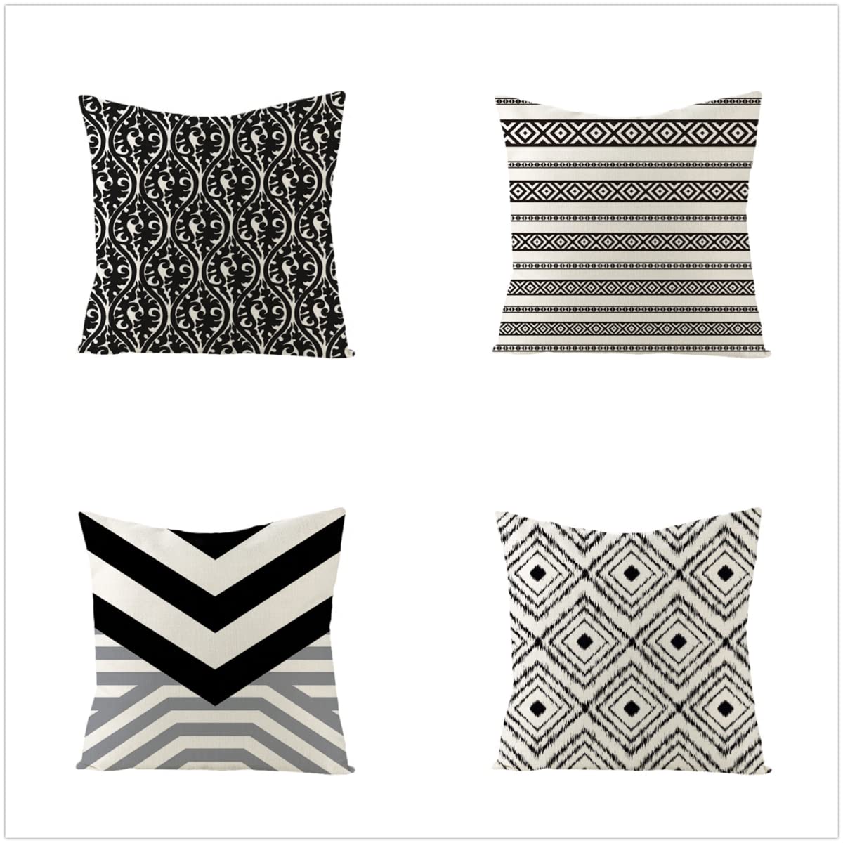 Geometría Negro 4 Piezas 60x60cm Fundas Cojines, Impresión en HD con Cremallera Oculta Cojines Decorativos, suave Cojines para Sofa para Sala de Estar Dormitorio Automóviles Fundas de Cojines J-3102