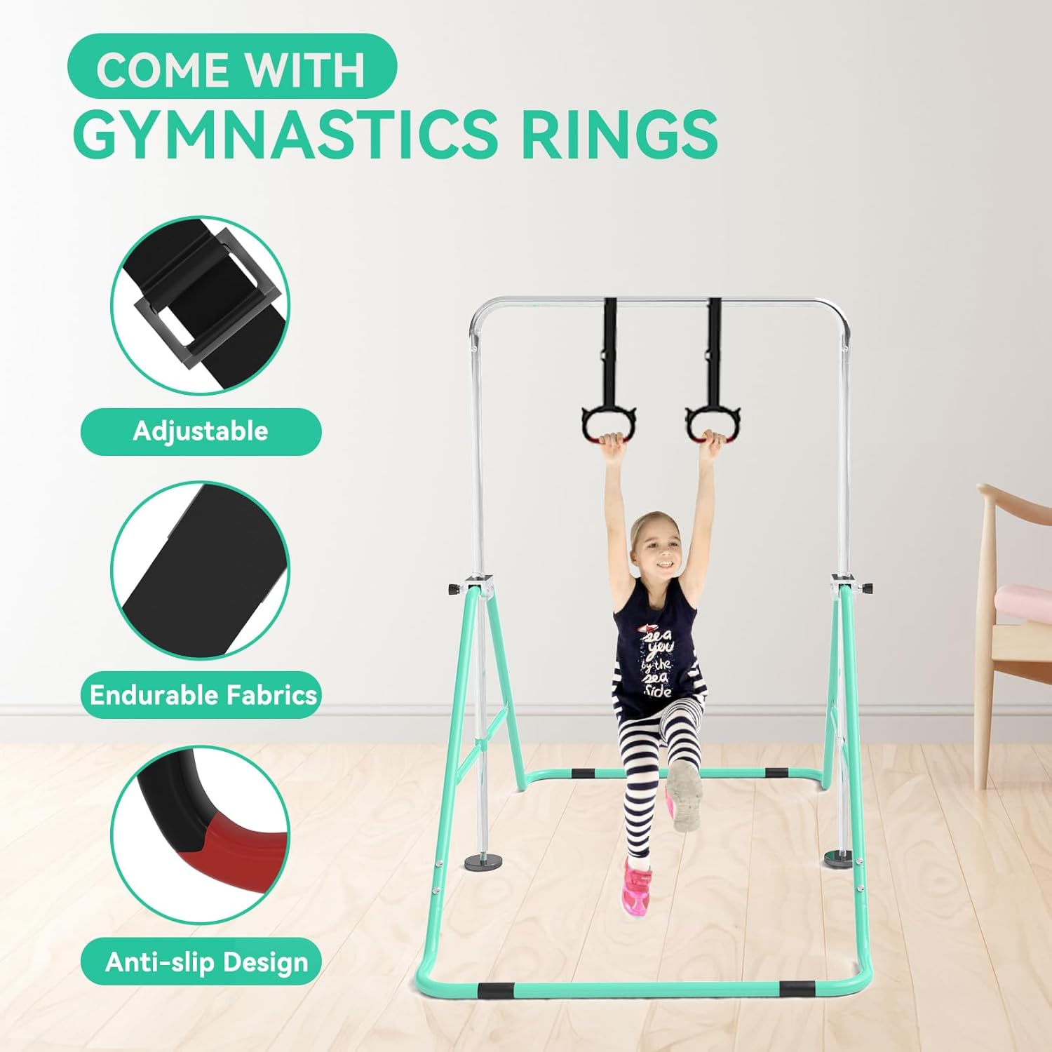 FINCOME Gymnastics Bar for Kids with Gymnastics Rings, Height Adjustable Gymnastics Horizontal Bar, Foldable Bar Gymnastics Equipment for Home Room Indoor Outdoor Training, Gymnastic Bar