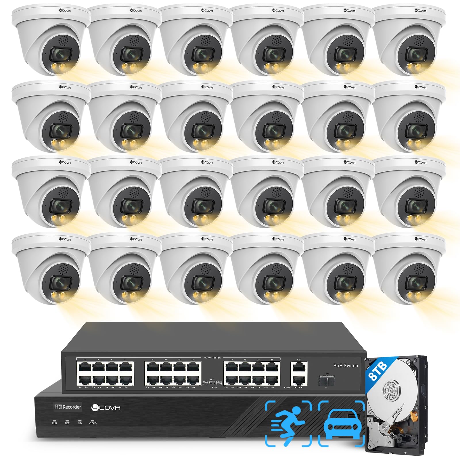 4COVR 32 Channel Security Camera System PoE 2-Way Talk & Dual Lights Smart Full Color Night Vision, AI Human Vehicle Detection, UHD NVR 8TB HDD, 24X 5MP Business Dome IP Camera IP67, LY97KA5M3224