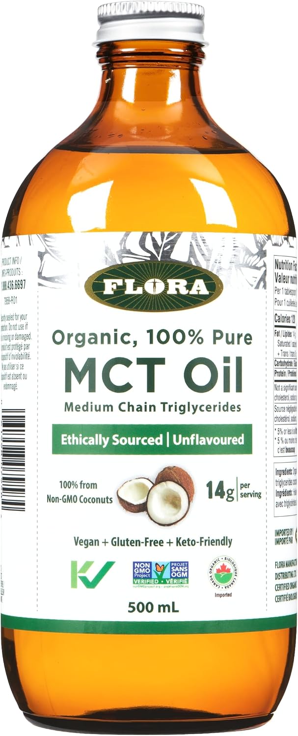 Flora Health MCT Oil Organic Energy Boost, C8 Caprylic & C10 Capric Acids, Keto, Kosher, Non-GMO Verified, 100% from Ethically and Sustainably Sourced Coconuts, 500 mL Liquid, Glass Bottle