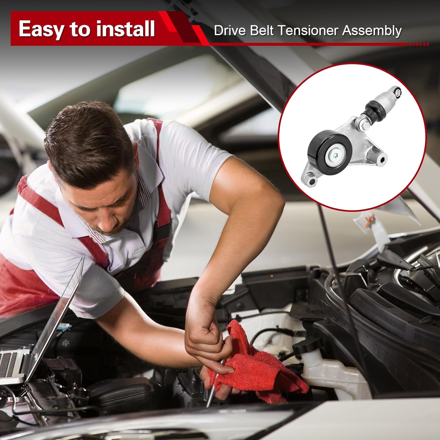 Belt Tensioner Assembly with Pulley, Compatible with 2002-2006 Toyota Camry, 2001-2007 Highlander, 2002-2006 Solara, 2005-2010 Scion tC, 2001-2005 RAV4, 2.0L 2.4L, Replaces 166200W110 16620-28090