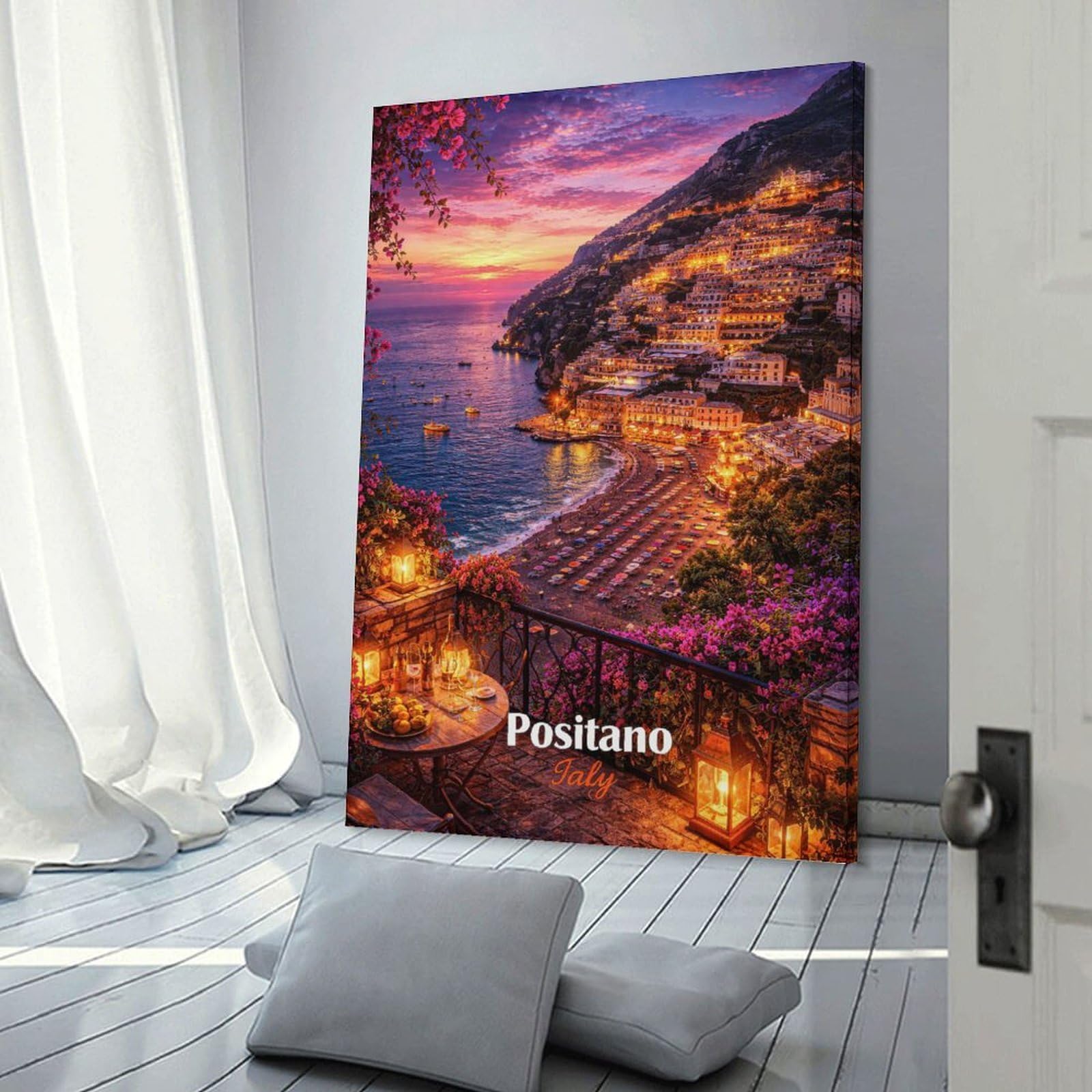 Junmoney Positano Italy Sunset Balcony View Wall Art Print, 24x36inch(60x90cm), for Bedroom Decor, Cosy Corners Or Studios, Decorative Wall Art for Cosy Rooms