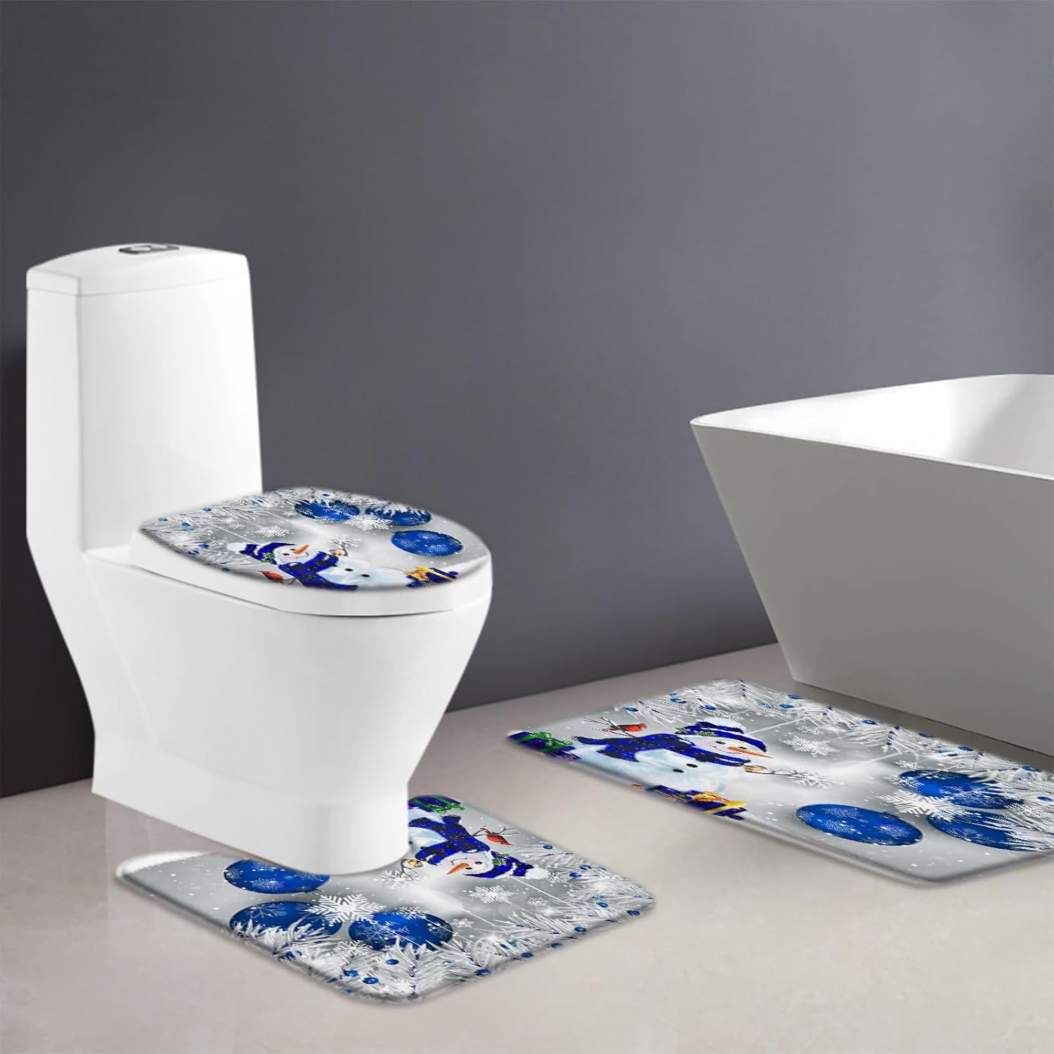 GCTNBJL 3 Piece Christmas Snowman Bath Mat Sets Cute Snowman Blue Xmas Ball Pine Twig Snowflake Red Bird Winter Holiday Festival 17.8"X29.5" Bathroom Rugs,Toilet Seat Cover,U-Shaped Floor Mat