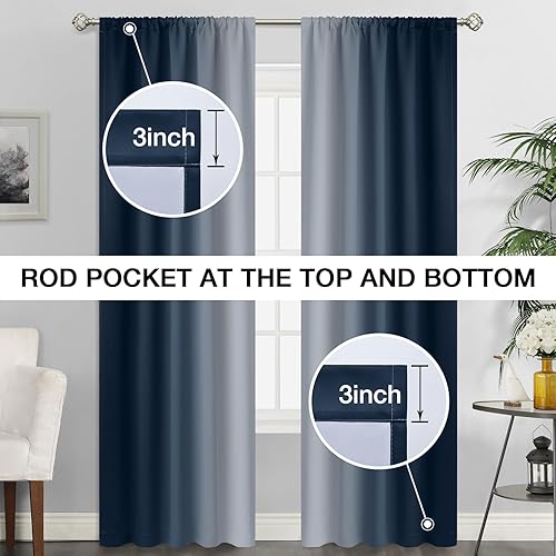 Miniatura 3 de SimpleHome Cortinas degradadas para oscurecer la habitación de la sala de estar, con bolsillo para barra, gradiente de color azul marino a blanco