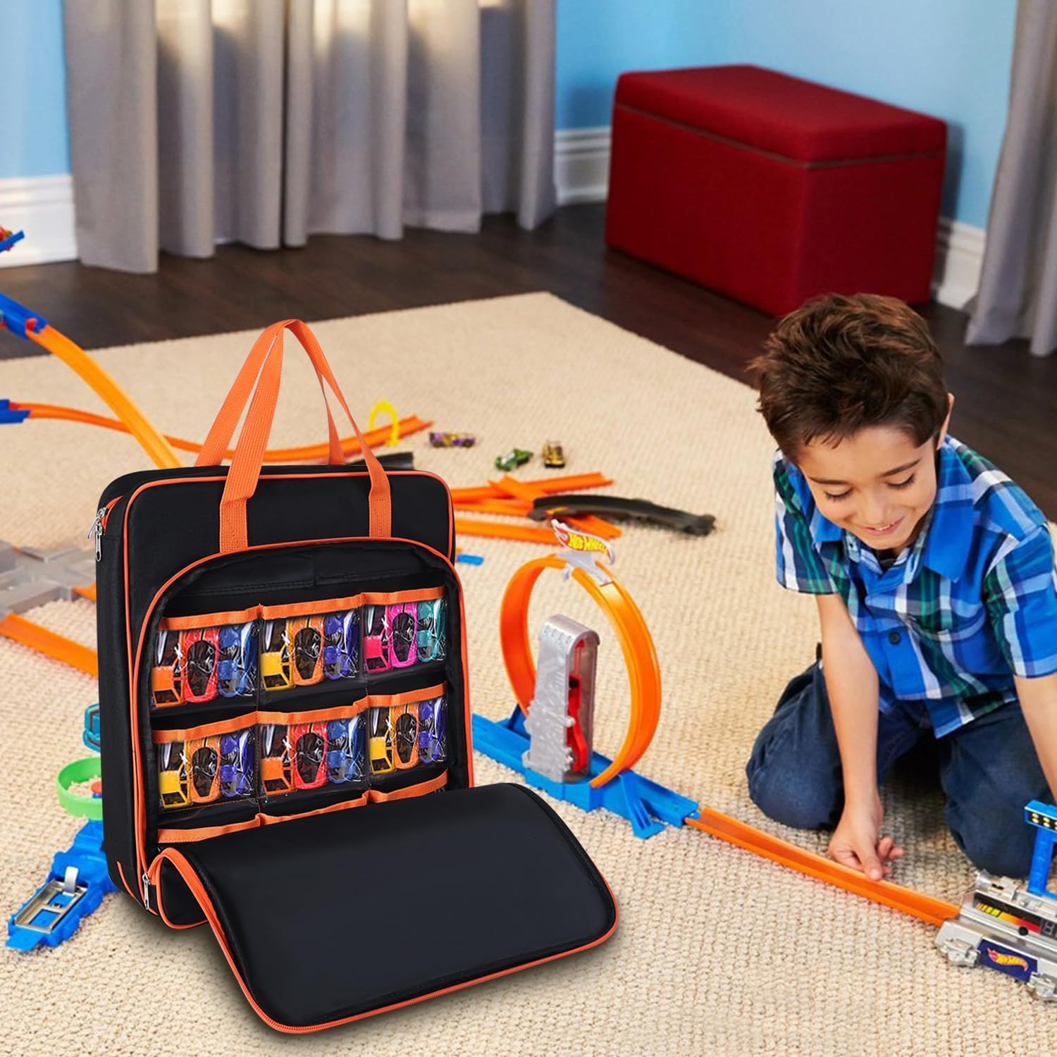 99-Capacity Toy Car Carrying Case, Portable Storage Organizer Bag Compatible with Hot Wheels/Matchbox 1:64 Scale Diecast Cars, Large Travel Tote for Kids Mini Toys, Dolls, Crafts (Orange)