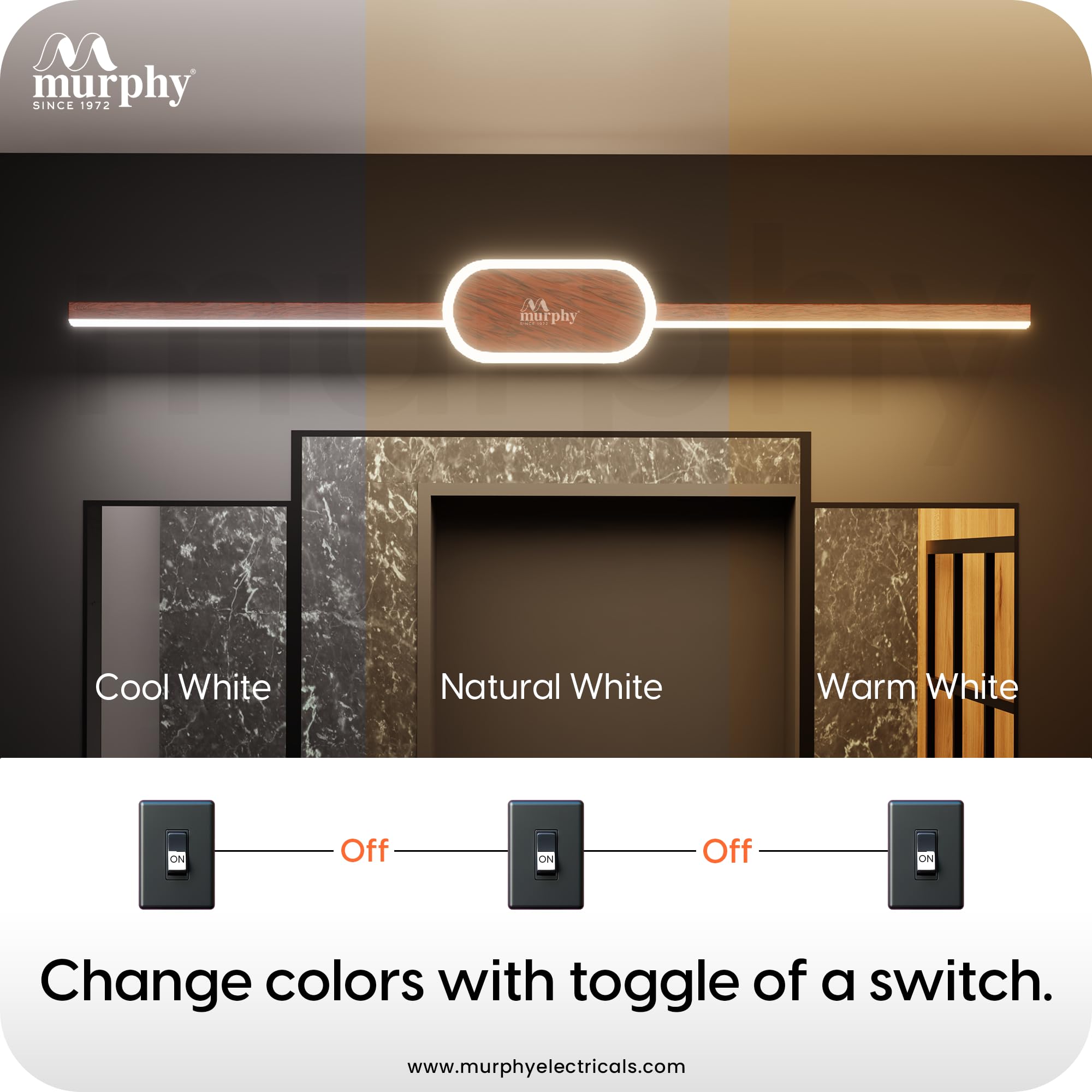 Murphy 16W+2W LED Mirror Light | 3 Color Changing (White/Warm/Natural) | Wooden Finish, Modern Over Mirror Bathroom/Dressing Table Light | Pack of 2 | 2-Year Warranty 3