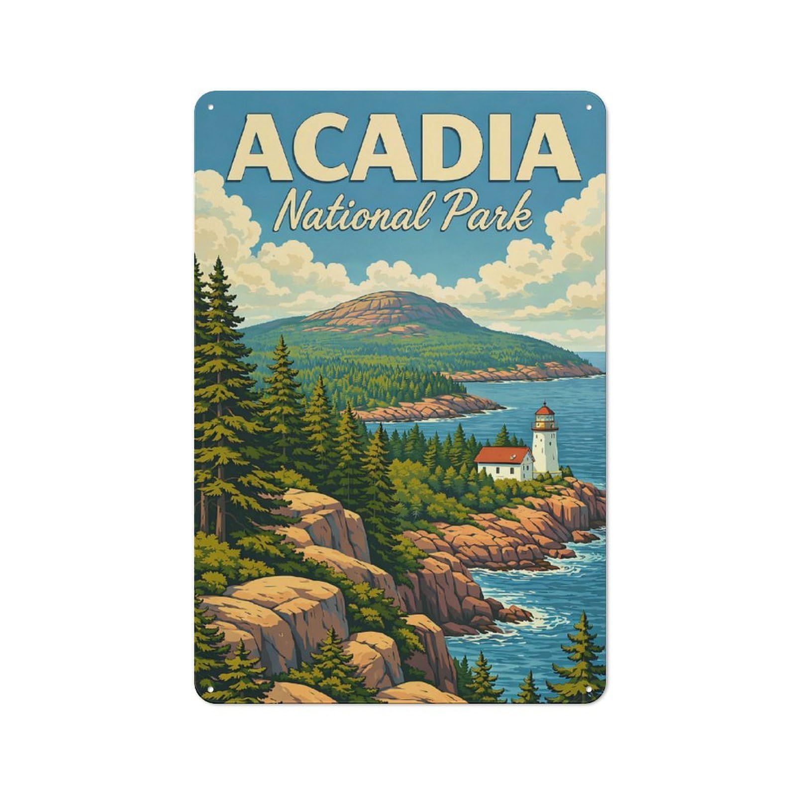 Junmoney Style-17 Acadia National Park Vintage Travel Poster Maine Coastal Lighthouse & Cadillac Mountain Art Retro Metal Wall Sign 30X20cm For Guest Room Or Hallway, A Housewarming Gift For Home Decor Collectors
