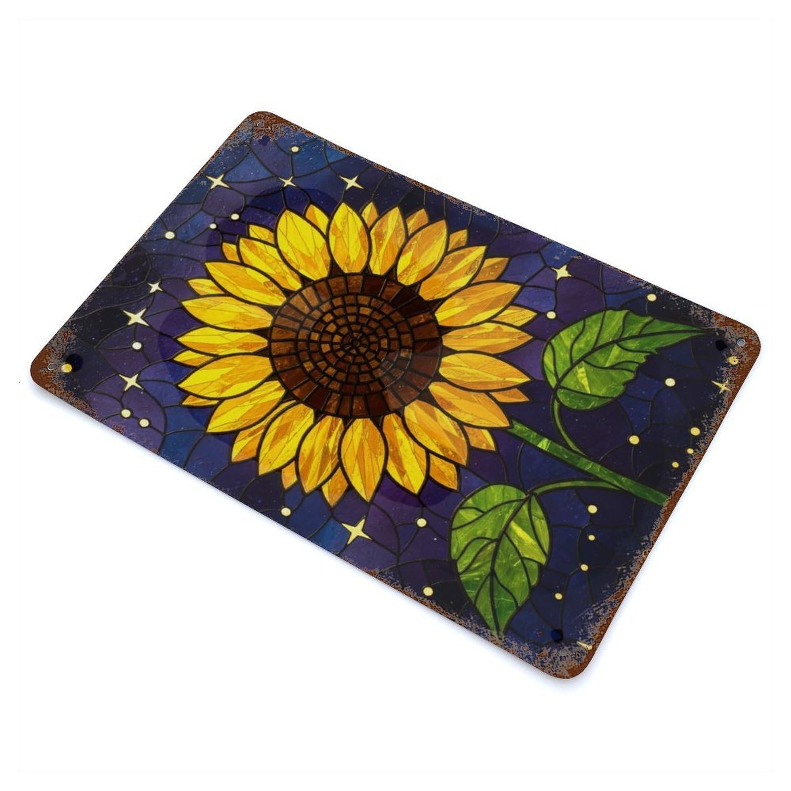 Rustic Tin Plaque with Stained Glass Sunflower with Starry Background Design 11.8"x7.9", for Cafe, Home Bar And Lounge Decor, Industrial Home Decor