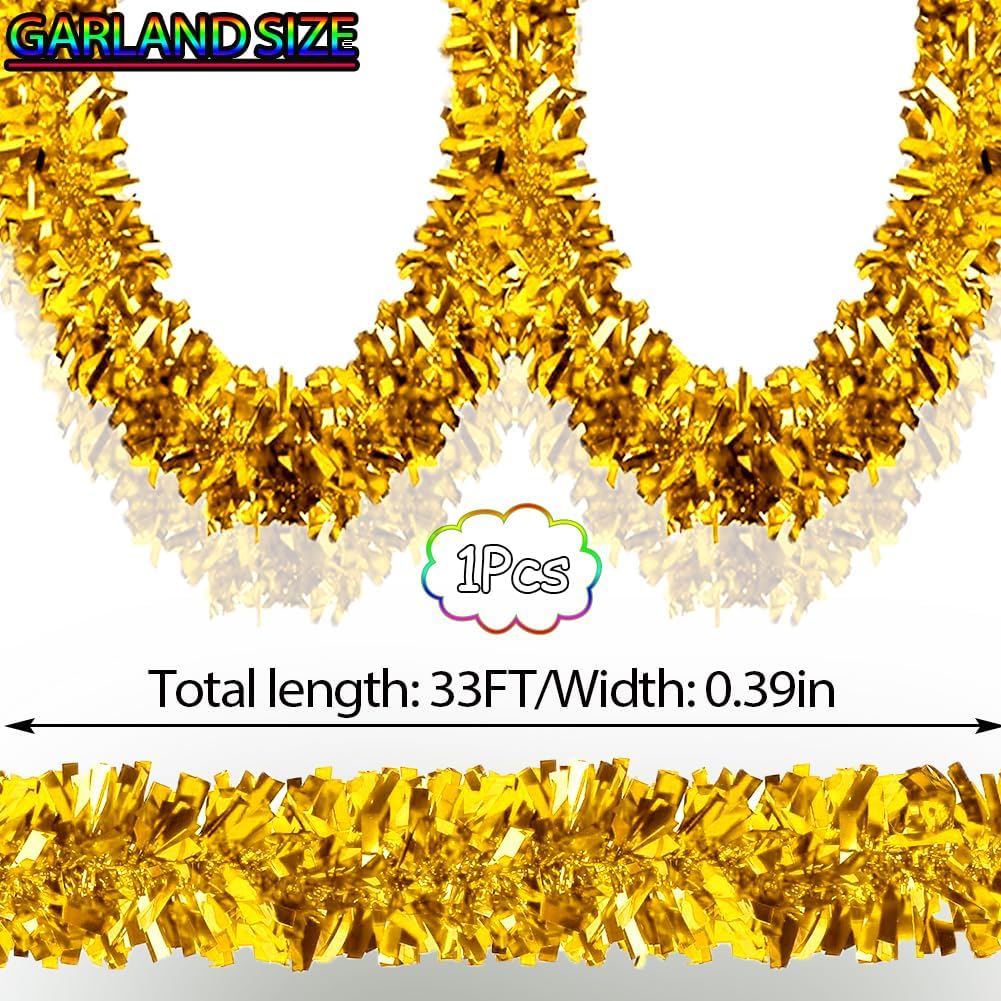 33Ft Christmas Tinsel Garland Shiny Thick Gold Tinsel Decor Xmas Tree Decorations Metallic Twist Foil Garland for Christmas Birthday Holiday New Year Parties Indoor Outdoor Party Supplies - Gold - Image 6