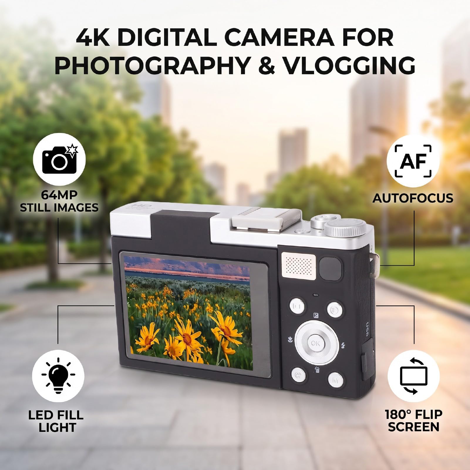 Alomejor Cámara Digital 4K para Fotografía, Pantalla Abatible de 2,8