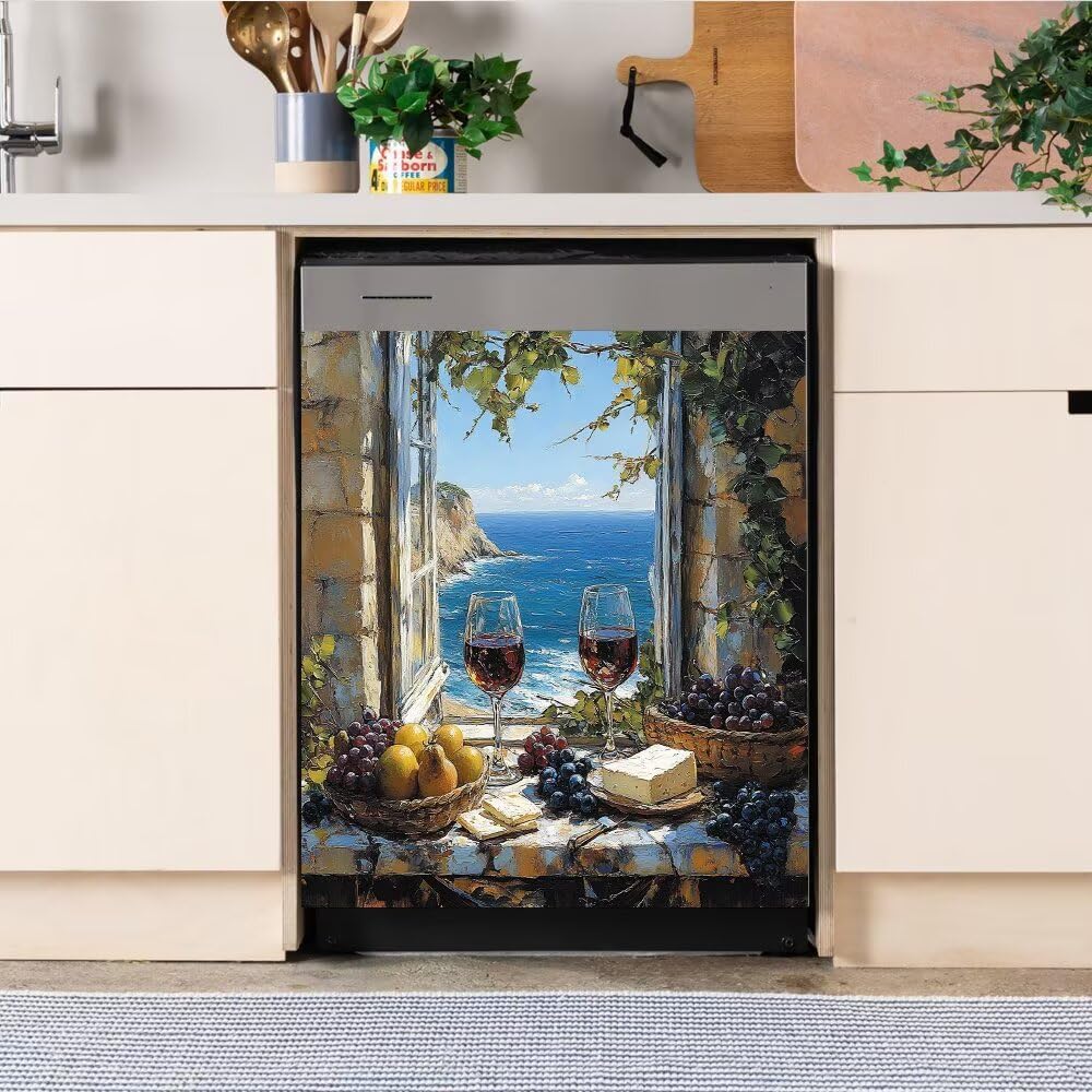 Dishwasher Magnet Cover Window Seaview Wine Dishwasher Front Panel Covers Decorative, Windowsill Fruit Magnetic Appliance Decor Home Refrigerator Magnetic Sticker 23Wx26H Inches