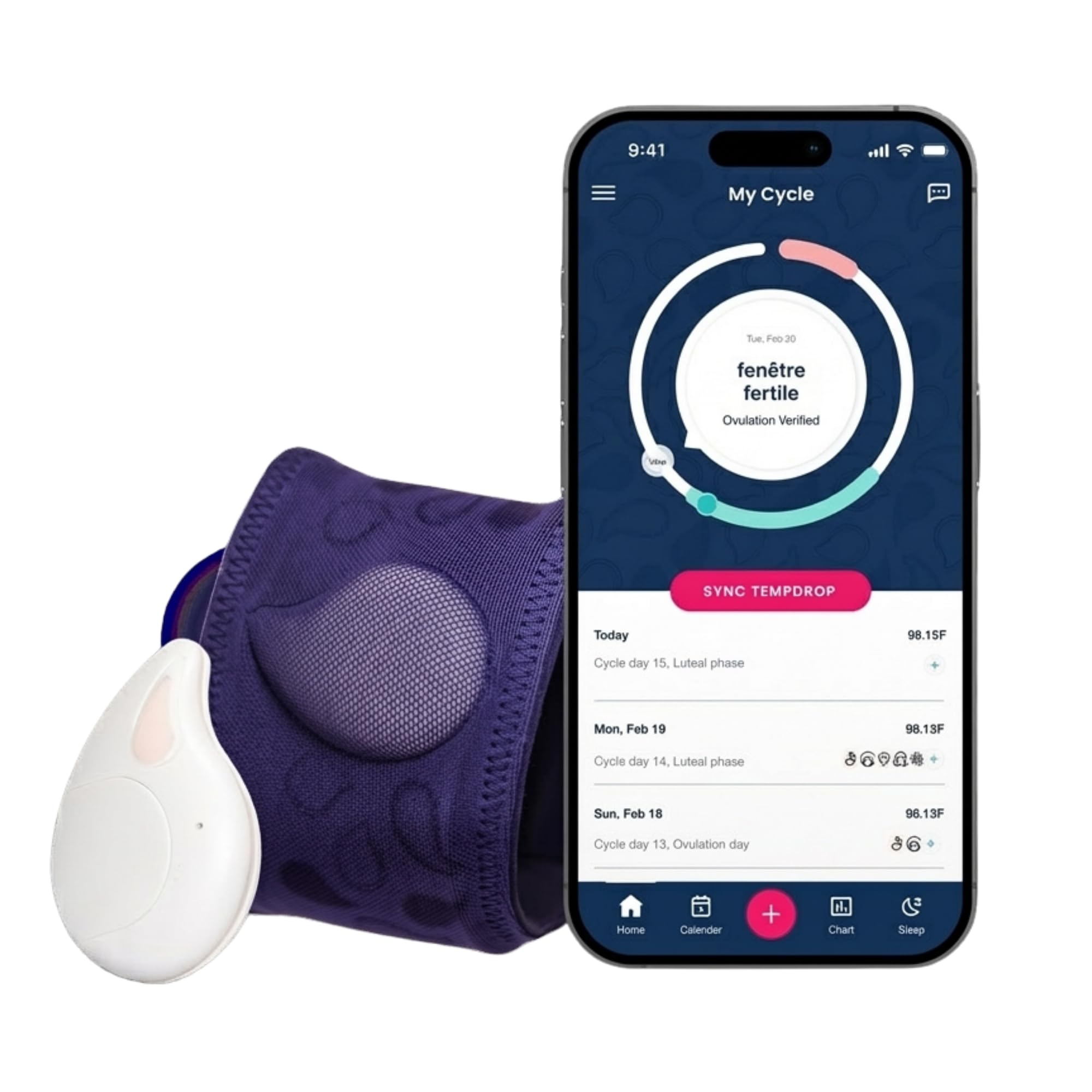 TEMPDROP Moniteur de fertilité avancé 2.0 et Suivi de l'ovulation - Capteur de Surveillance de la température basale du Corps (BBT) et Application de Graphique de fertilité, Brassard Confortable M