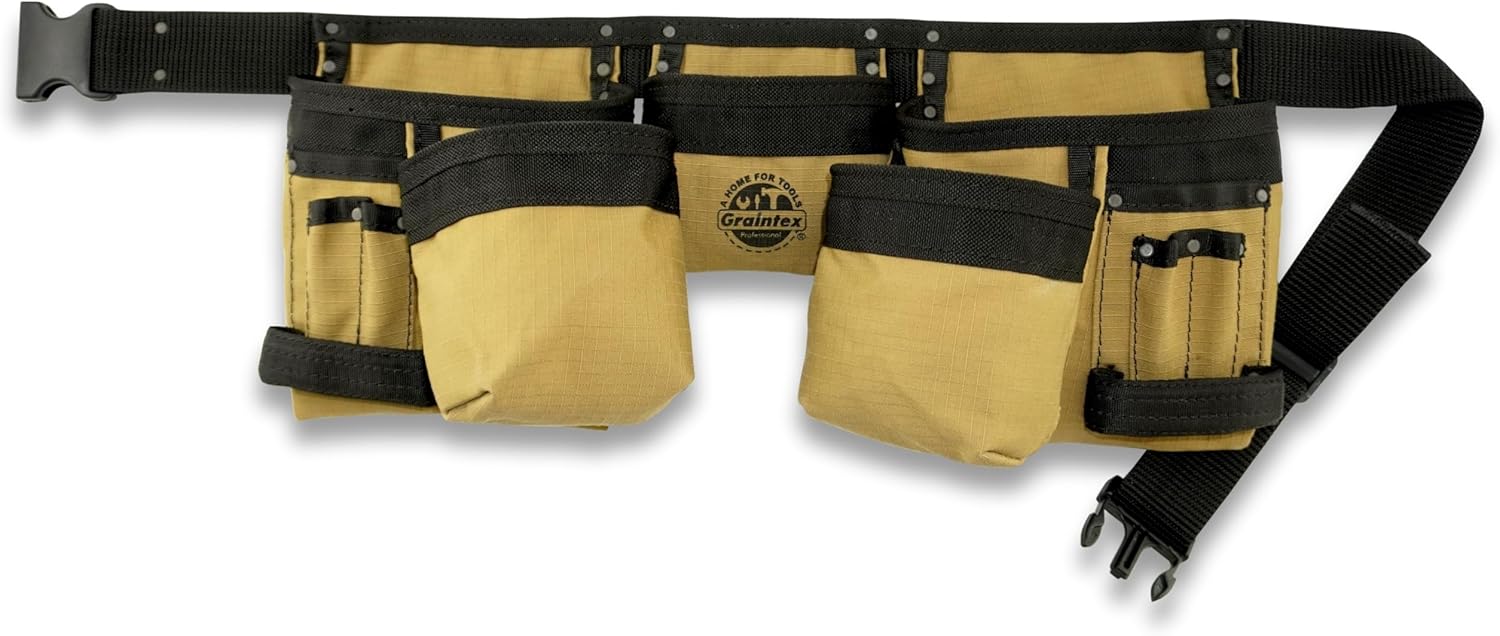 Graintex CD2141 11 Pocket Finisher Tool Belt Black Color Canvas, Durable Tool Belt Organizer, Versatile Tool Storage, Tool Bag Designed for Craftsmen and DIY Enthusiasts, Hammer Holder Loops