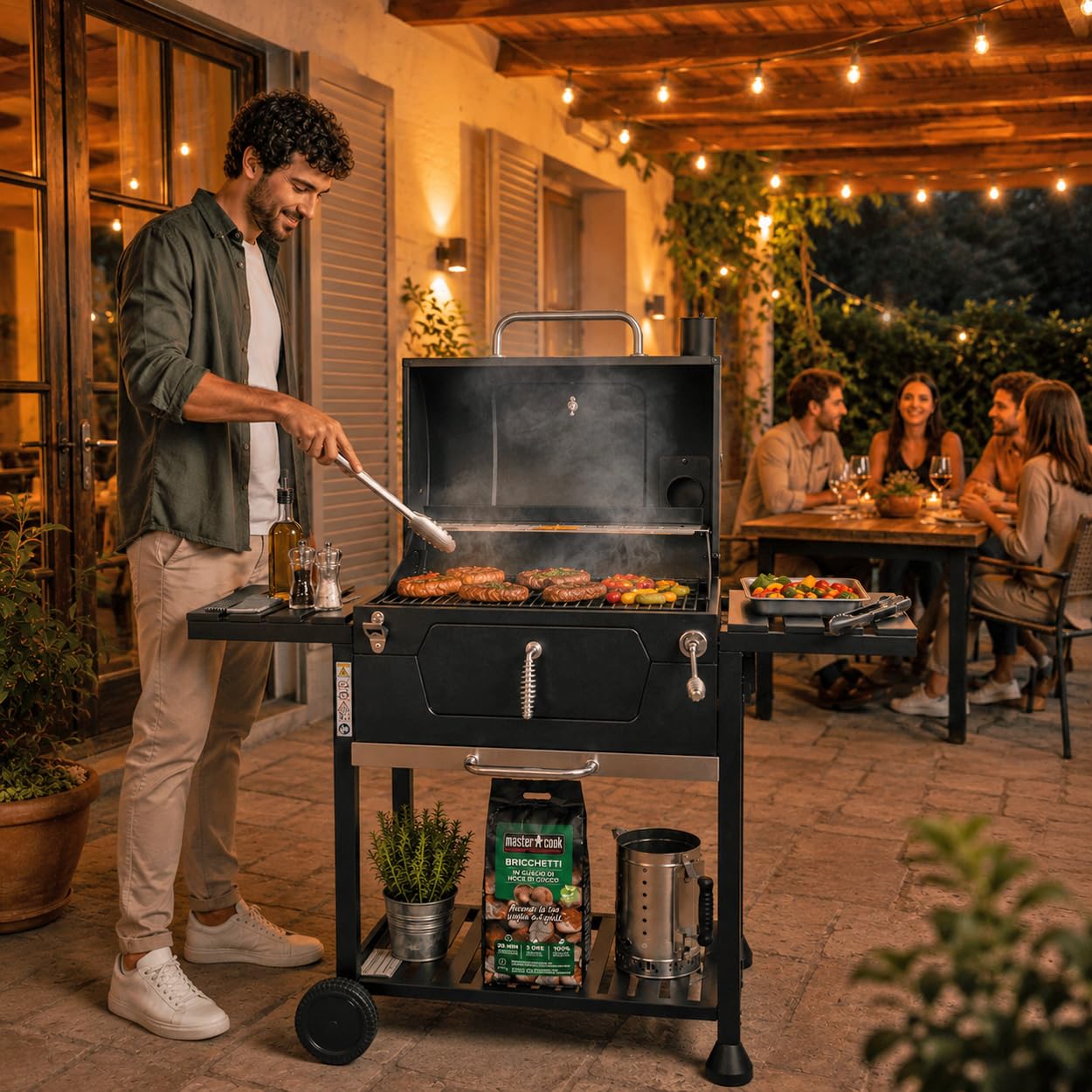 MasterCook Barbacoa de carbón de acero con ruedas resistente y estable con doble parrilla, termómetro y ajuste de la cesta de barbacoa, barbacoa de carbón con estantes laterales