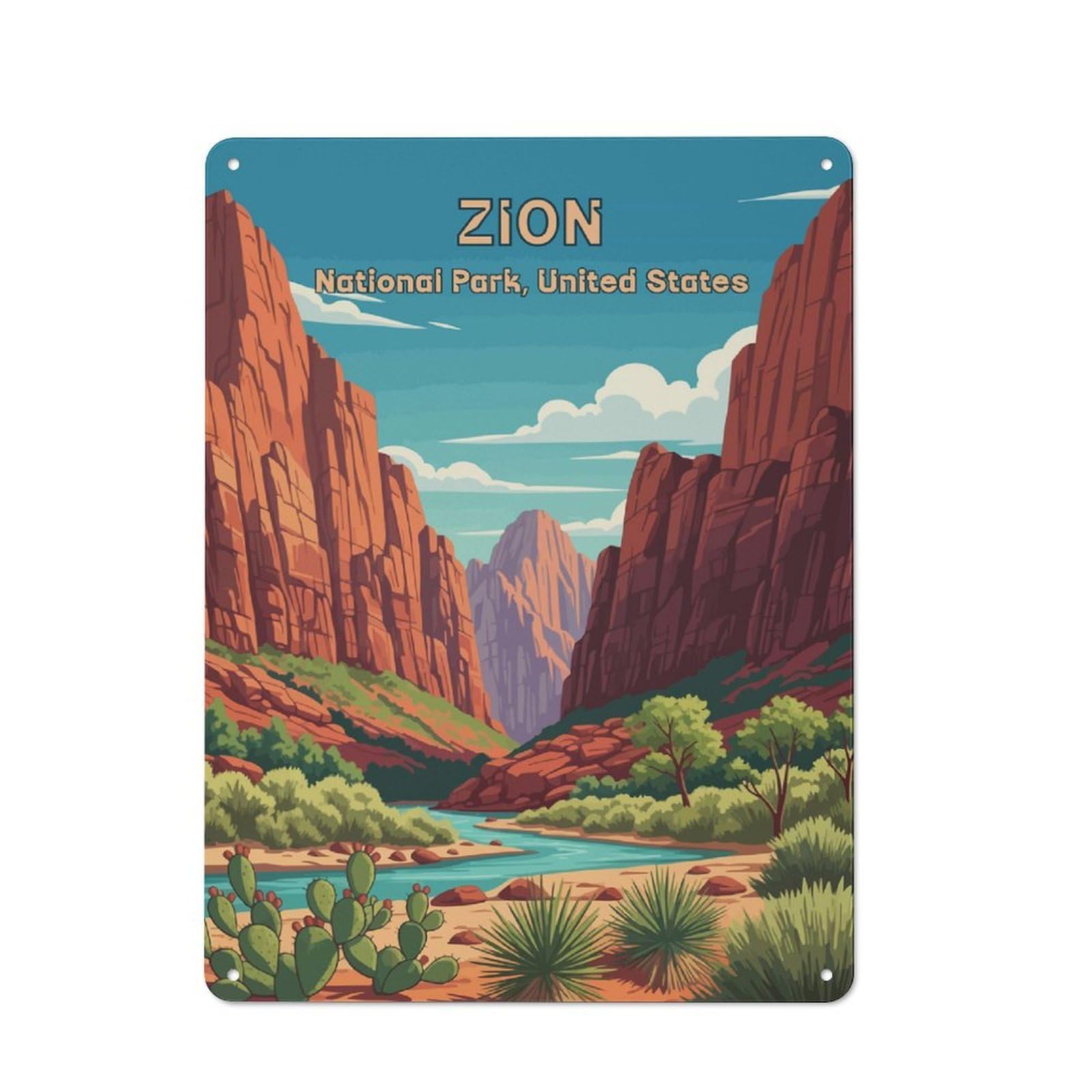 Junmoney Style-15 Industrial Tin Wall Sign 40X30cm Featuring Zion National Park Illustration, Urban Room Decor For Workspace, Cafe, Hallway Or Garage