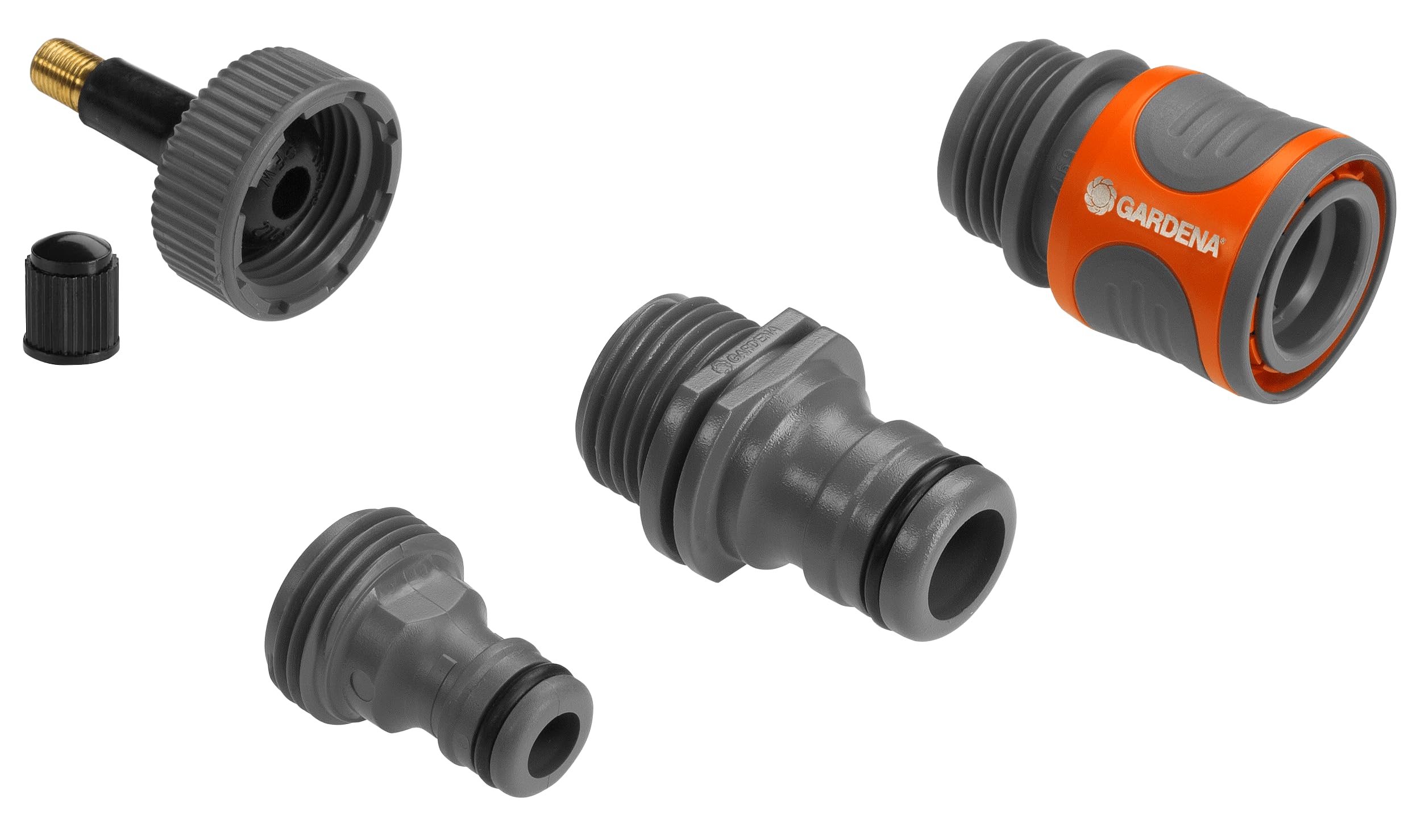 Gardena Entwässerungsventil-: Ventil-Set zur manuellen Entwässerung, 3 Aufsätze für Original Schlauchverbinder, Profi-System Nippel (2770-20), Schwarz;grau;orange