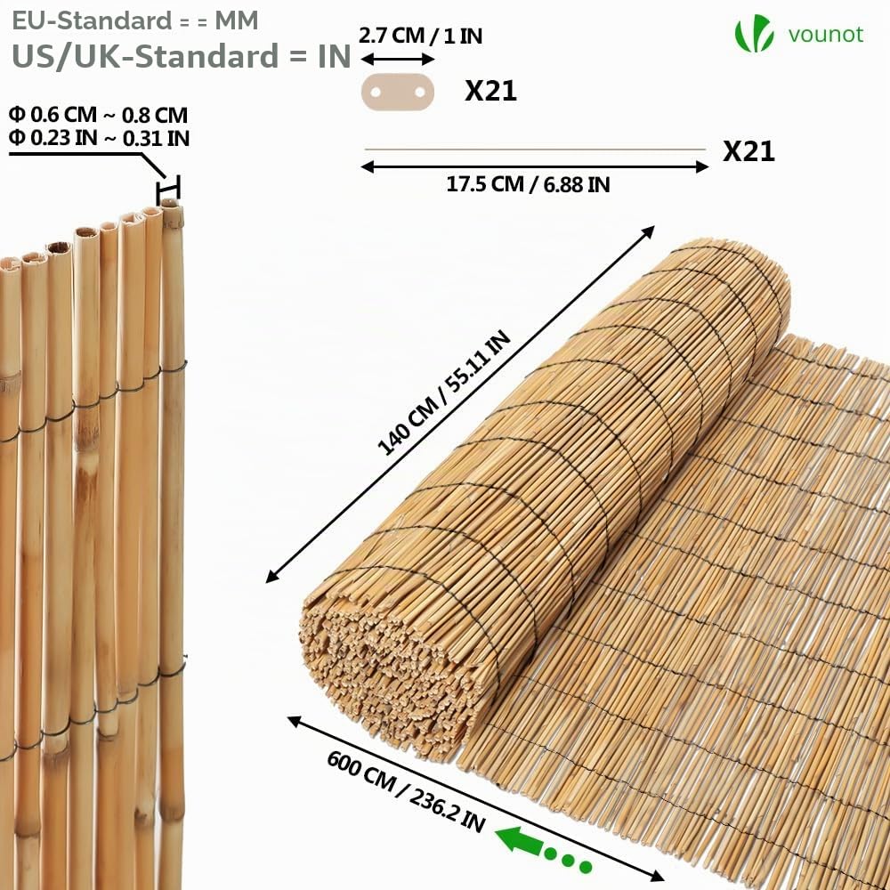 VOUNOT Schilfrohrmatte 140x600 cm, Schilfmatten Sichtschutz, Windschutz & Sonnenschutz, Schilfmatte für Garten, Balkon, Terrasse, Balkonsichtschutz, Gartensichtschutz