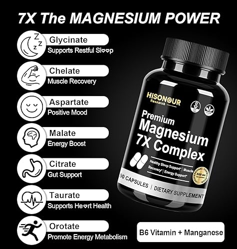 Miniatura 5 de Suplemento complejo de glicinato de magnesio, complejo de magnesio de 7 tipos con vitamina B6, glicinato de magnesio, citrato, malato y más, alta