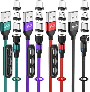 Magnetic Charging Cable, NESTELLE Fast Charge Data Sync Transfer, 3.0A 360 Static Cord Wire Type C, Micro USB, iProduct tip Adapter Multilength 3.3ft 3.3ft 6.6ft 10ft Multicolored, (4 Colored Pack)