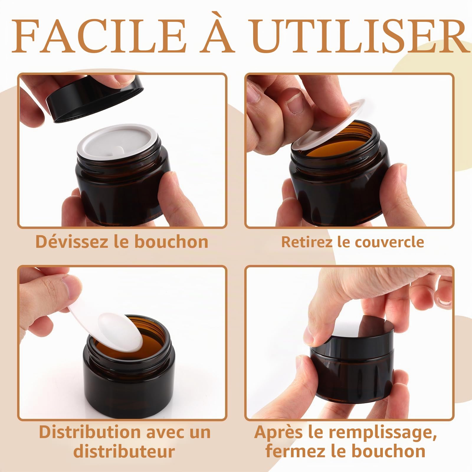 YAYODS Lot de 20 Pot de Crème en Verre Ambré 50ml - Vide et Rechargeable avec Couvercle Noir - Récipient Cosmétique Anti-UV Sans BPA pour Crème, Lotion, Huiles Essentielles - Kit de Voyage avec Étique