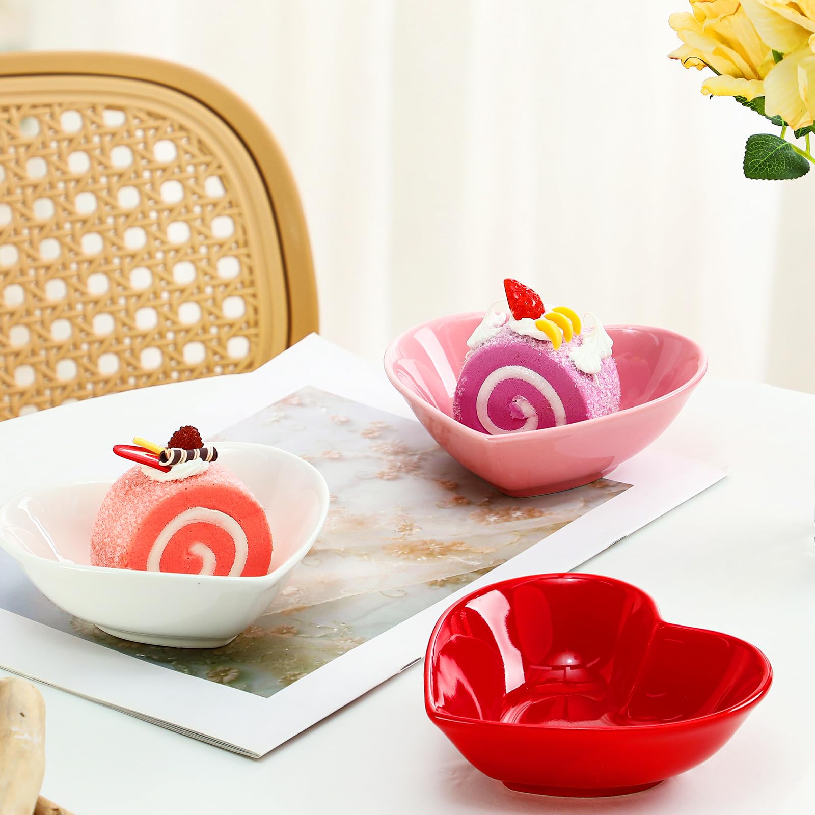 tioncy 3 pcs heart shaped ceramic bowls valentine's day salad bowls 5 inch love heart appetizer plates, dessert snack dishes gifts for valentine's day party wedding birthday party red pink white