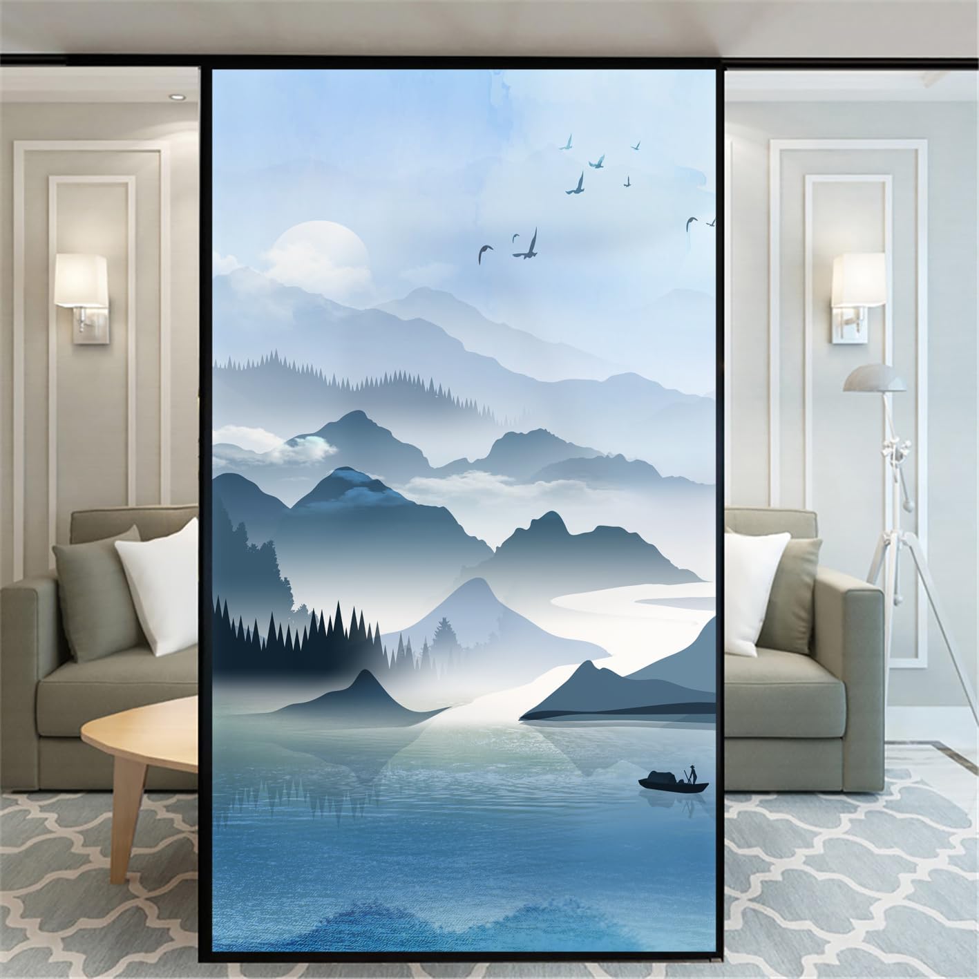 Privacy Windows Film 03B Chinese Landscape Painting Stained Glass No Glue Static Cling Decorative Window Stickers 89x140cm(35"" x55.1)