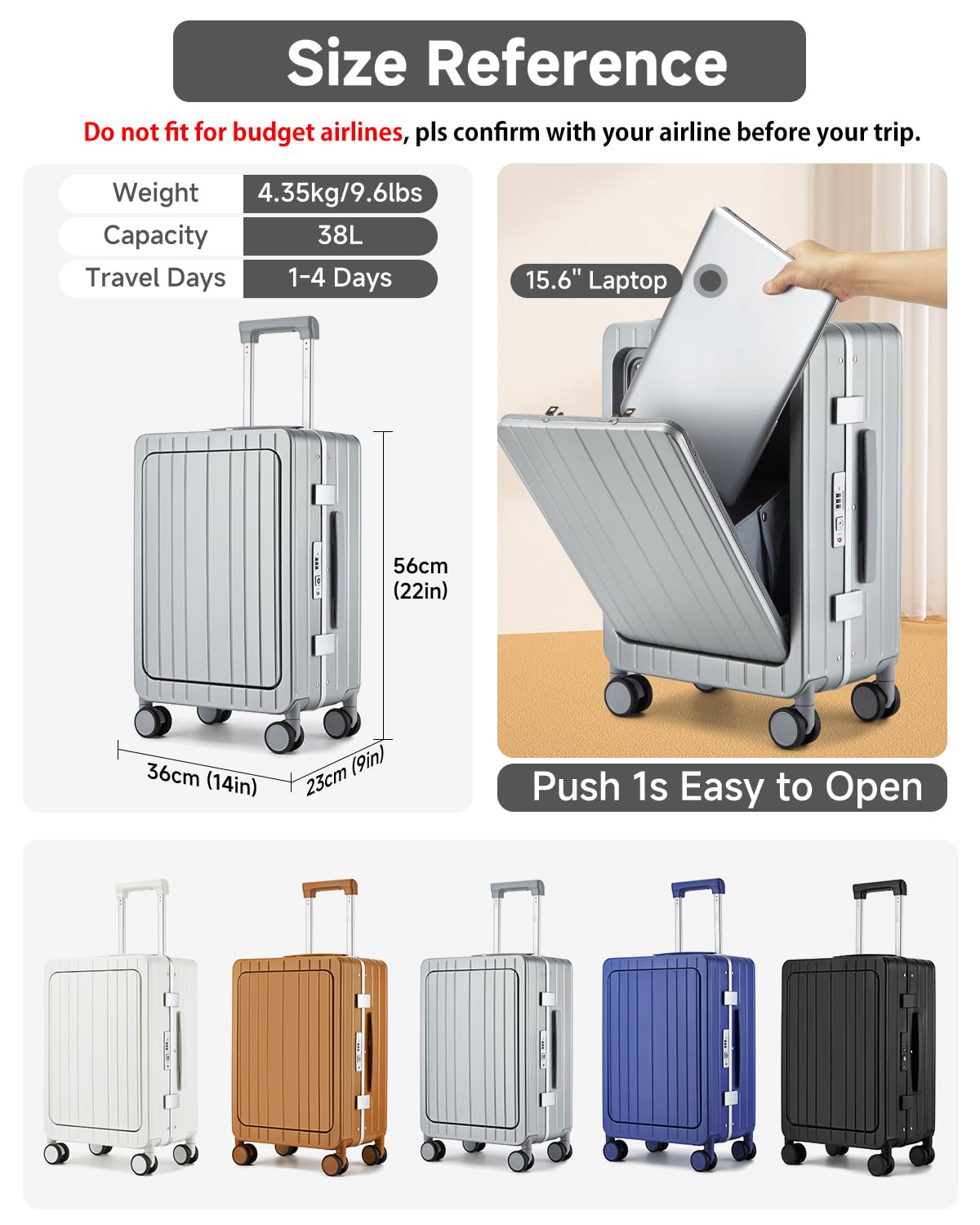 Sea choice Maleta de Mano de 20 Pulgadas con Compartimento Frontal para Portátil Marco de Aluminio Puerto USB Cerradura TSA Ruedas Giratorias 360° y Portavasos