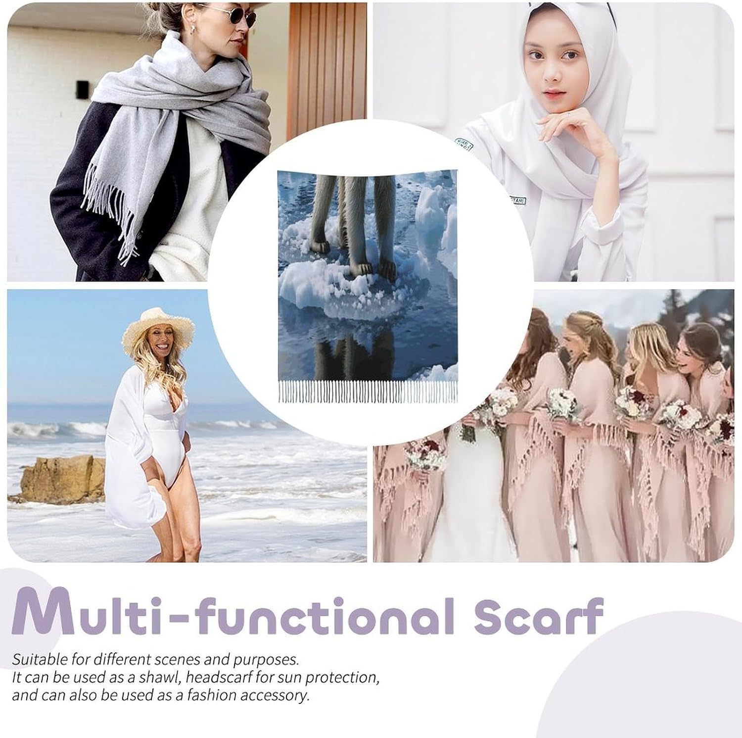 Polar Bear Ice Winter Scarf for Women Soft Tassel Scarves Oversized Wraps Long Shawl Cold Weather Thick Blanket Scarfs