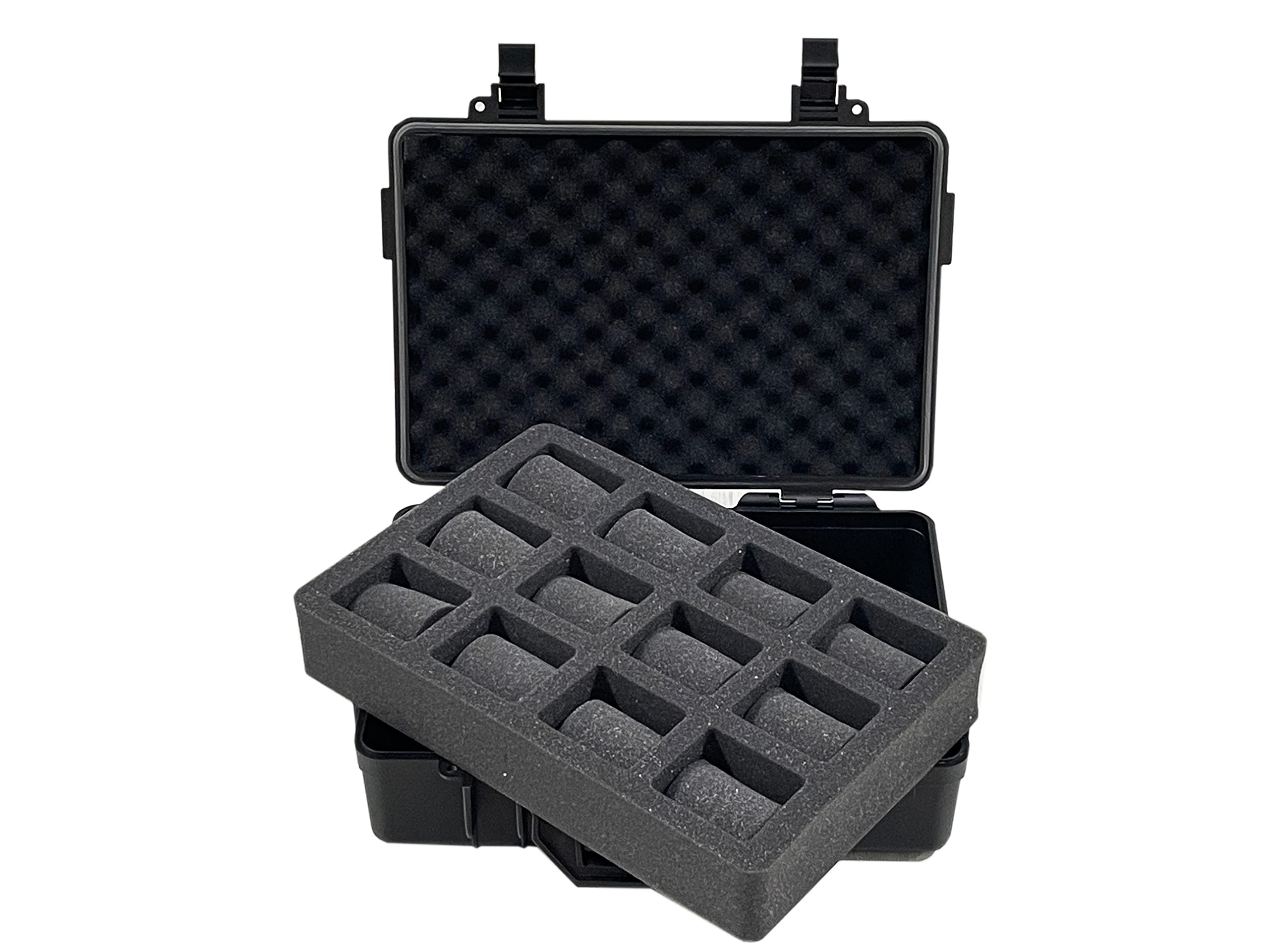 MR Maestro Relojero - Caja de Almacenamiento de Relojes Resistente al Agua y Golpes | 12 Compartimentos Acolchados | Válvula de Alivio Barométrica, Negro, para 12 Relojes, PVC Alto Grado