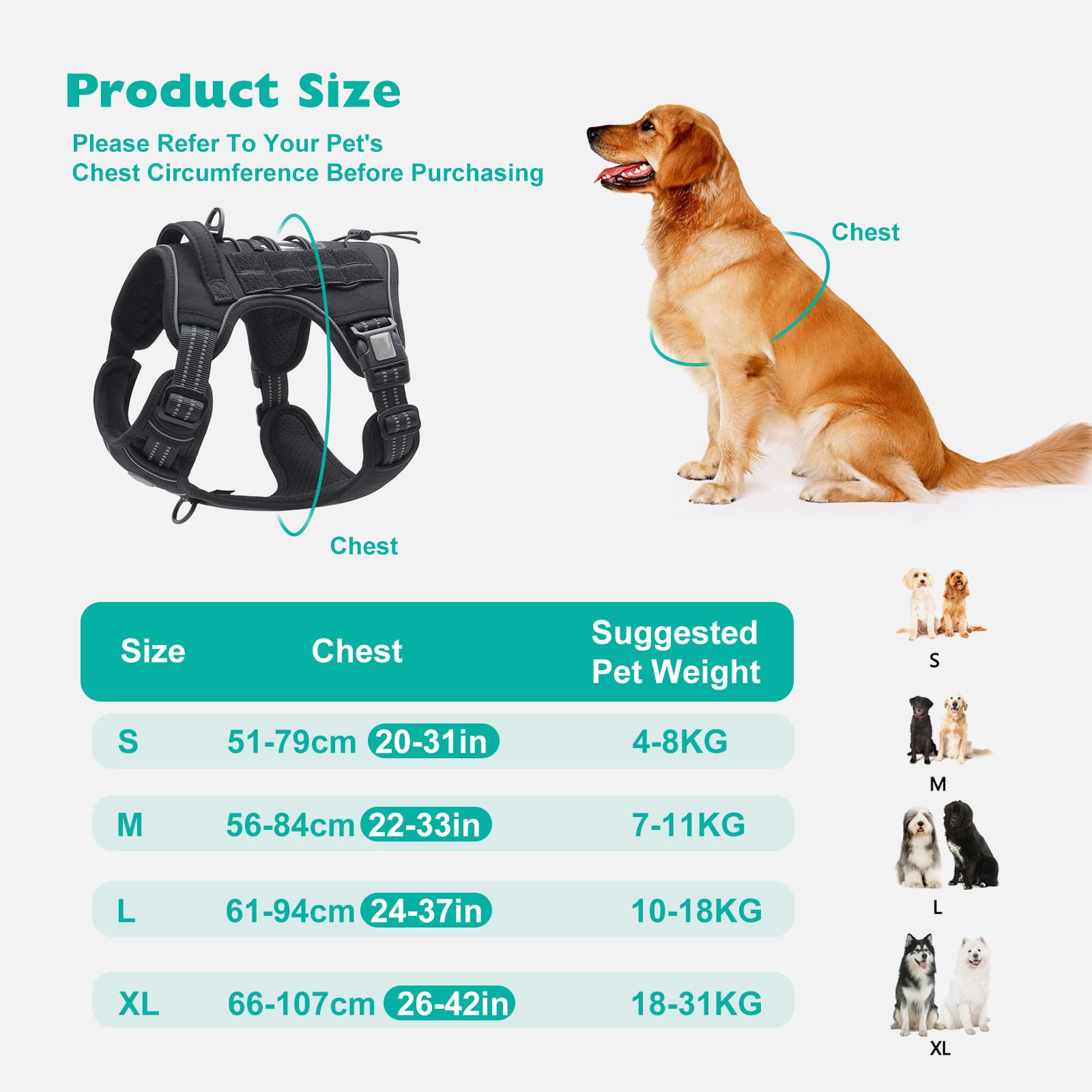 PETCUTE Harnais Anti Traction Tactique pour Petit Moyen et Grand Chien,Respirant, Réglable Harnais de Chien avec Poignée Rembourrée Contrôl,Facile à Mettre,Gilet Durable Réfléchissant,L