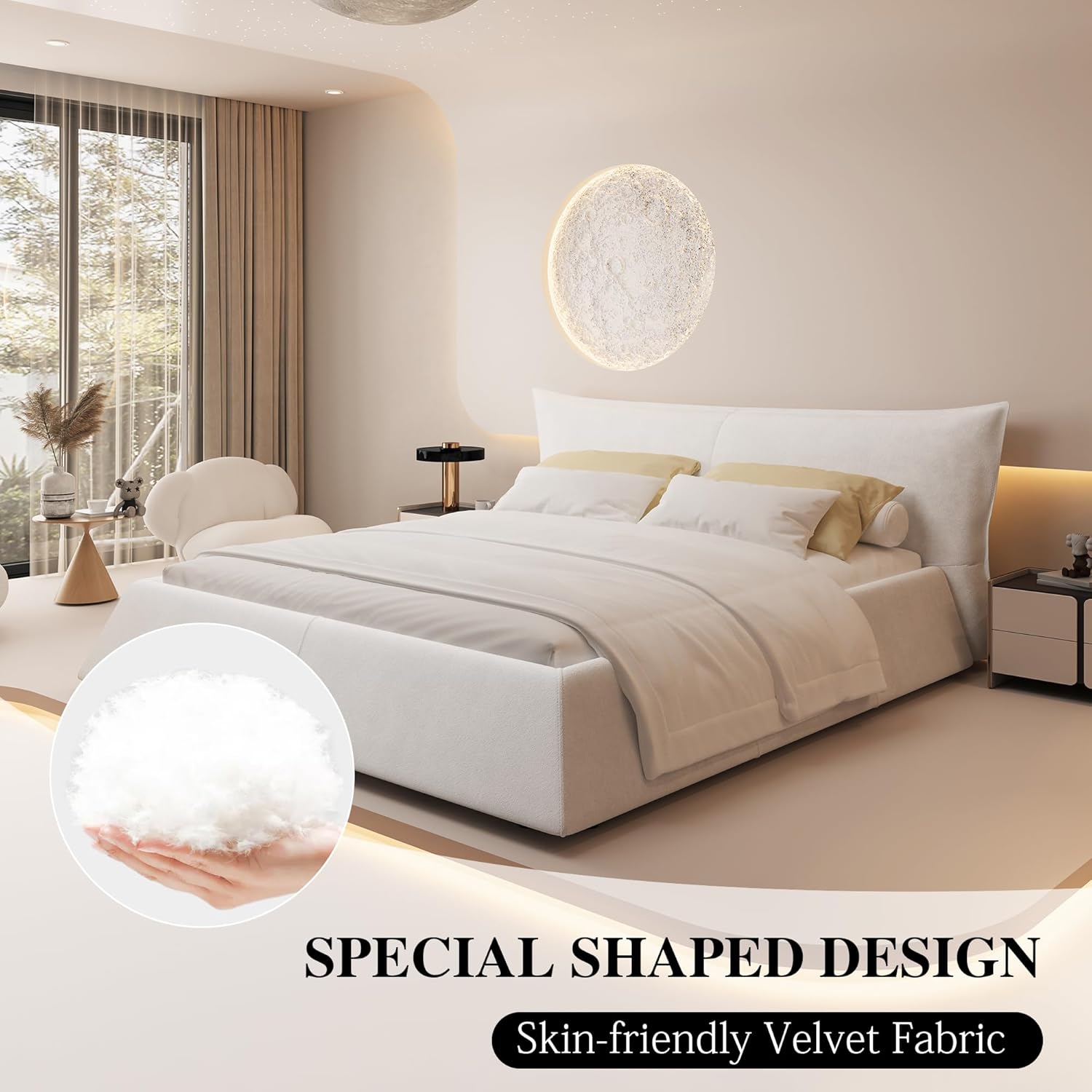 Queen Size Bed Frame with Oversized Soft Velvet Thick Headboard, Modern Luxury Cloud Marshmallow Bed Frame, Elegant Upholstered Platform Soft Bedframe, Sturdy Pine Wood, Cream