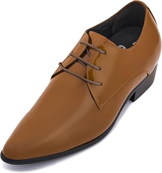 CALTO Mens Invisible Height Increasing Elevator Shoes - Light Brown Patent Leather Lace-up Formal Dress Oxfords - 2.8 Inches Taller - K2728 - Size 12 DM US