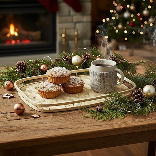 Vista 4 de PEMAR Set of 4 Bamboo Wicker Serving Trays for Foods & Drinks, Rectangular Breakfast Lap Trays with Handles Wooden Decorative Platters for Coffee