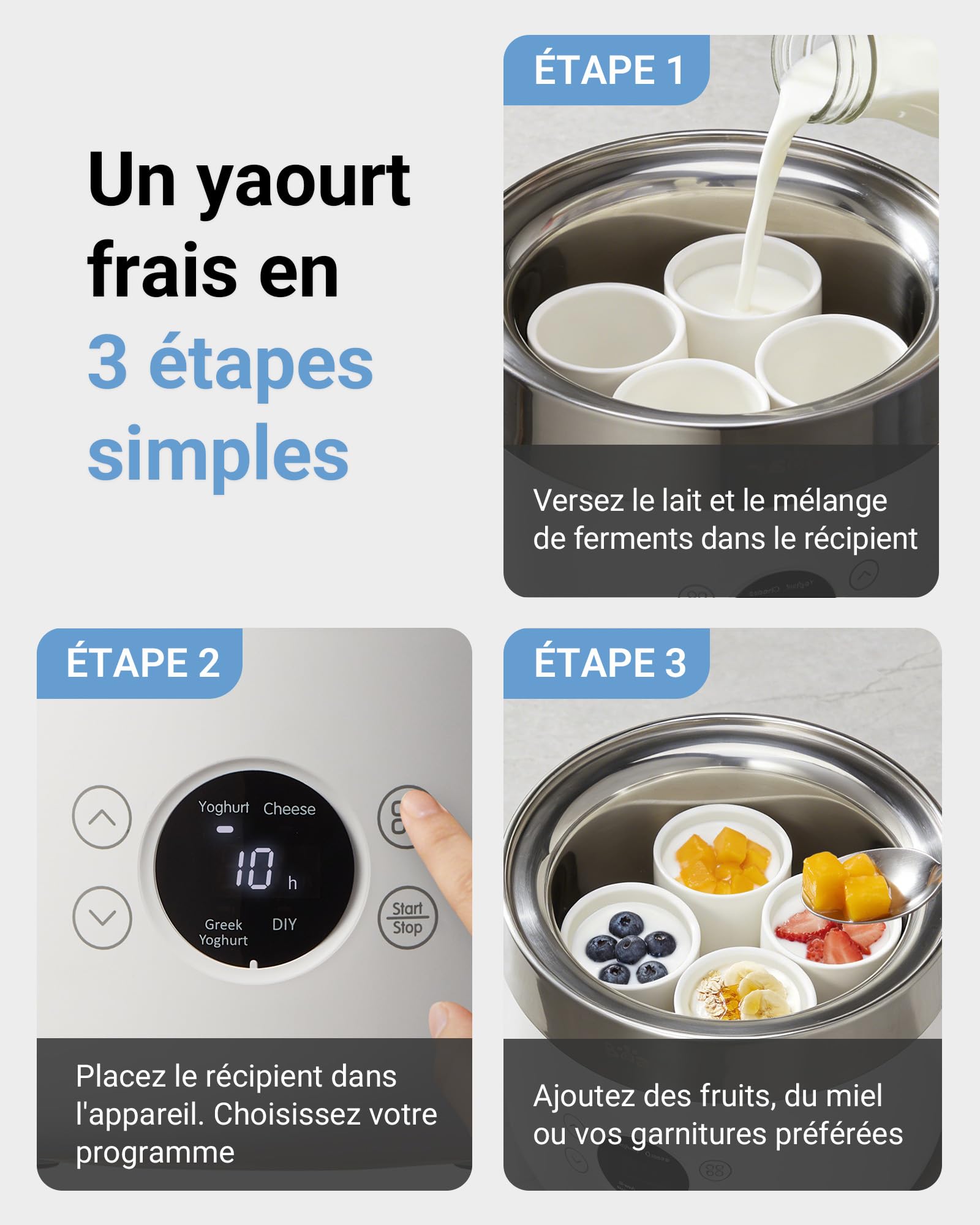 Bear Yaourtois et fromager frais, avec 4 tasses portions en céramique de 125 ml, 2 grands récipients en verre de 1 L et 4 programmes préréglés pour yaourt grec et fromage