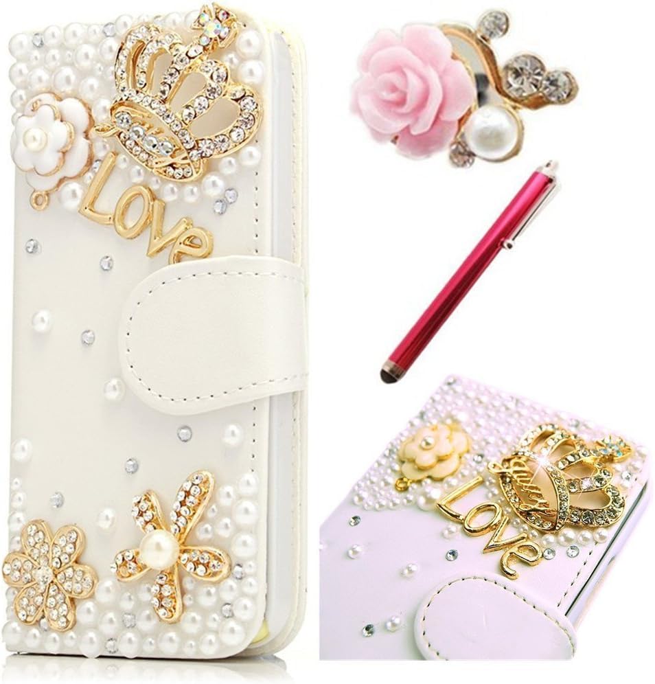 Vandot 3 in1 Accessory Set Protective Case for Smart Phone Huawei Ascend G520 / G525 3D Bling Rhinestone Flip Leather Cover Case Glitter Magnet PU flower diamond LOVE Camellias Flip Case Diamond Crown Crystal 3D Case Cell Phone Cover Case + Pink Metal touch pen Stylus pen + 3.5mm Anti dust plug flower Rhinestone pearl dust plugs - White flower Mobile Phone Accessory purse ladies wallet leather purse