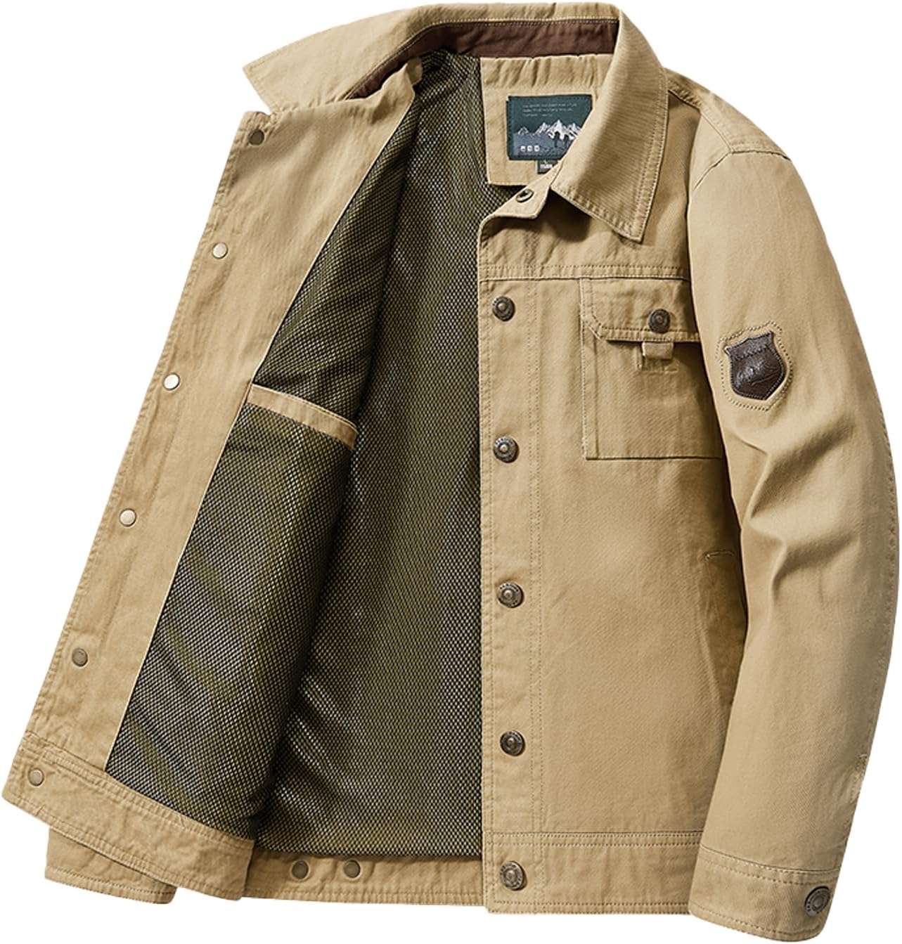 decion Men's military style jacket, outdoor leisure coat, with mesh lining, multiple pockets.