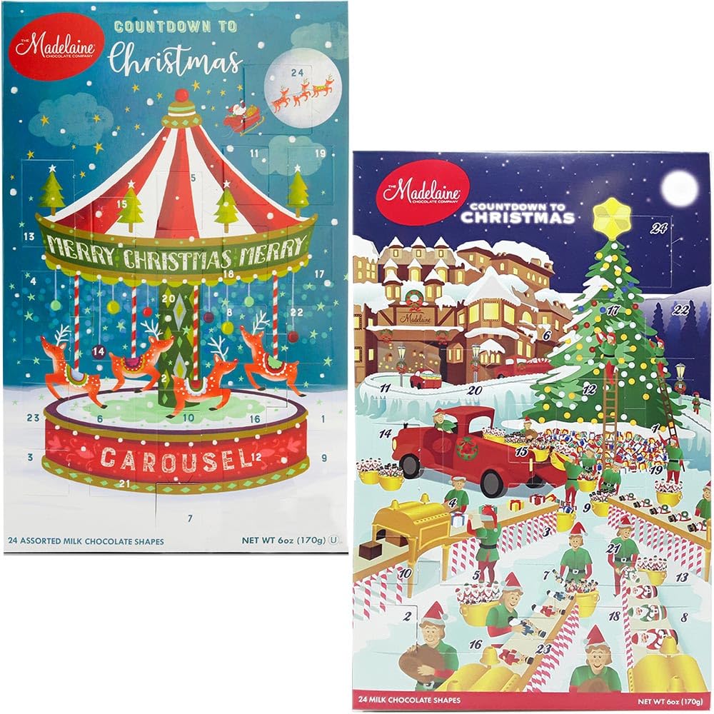 Madelaine 2025 Christmas Advent Calendar – Chocolate & Candy Christmas Countdown for Kids, Women, Men, Teen Girls & Boys – Holiday Treats Advent Calendars - Carousel & Workshop - 2 Pack