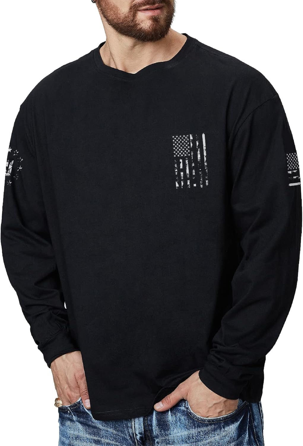 H HYFOL Men's Graphic T-Shirts USA Flag Cotton Long Sleeve American Patriotic Crewneck Regular Tee Shirts - Image 2