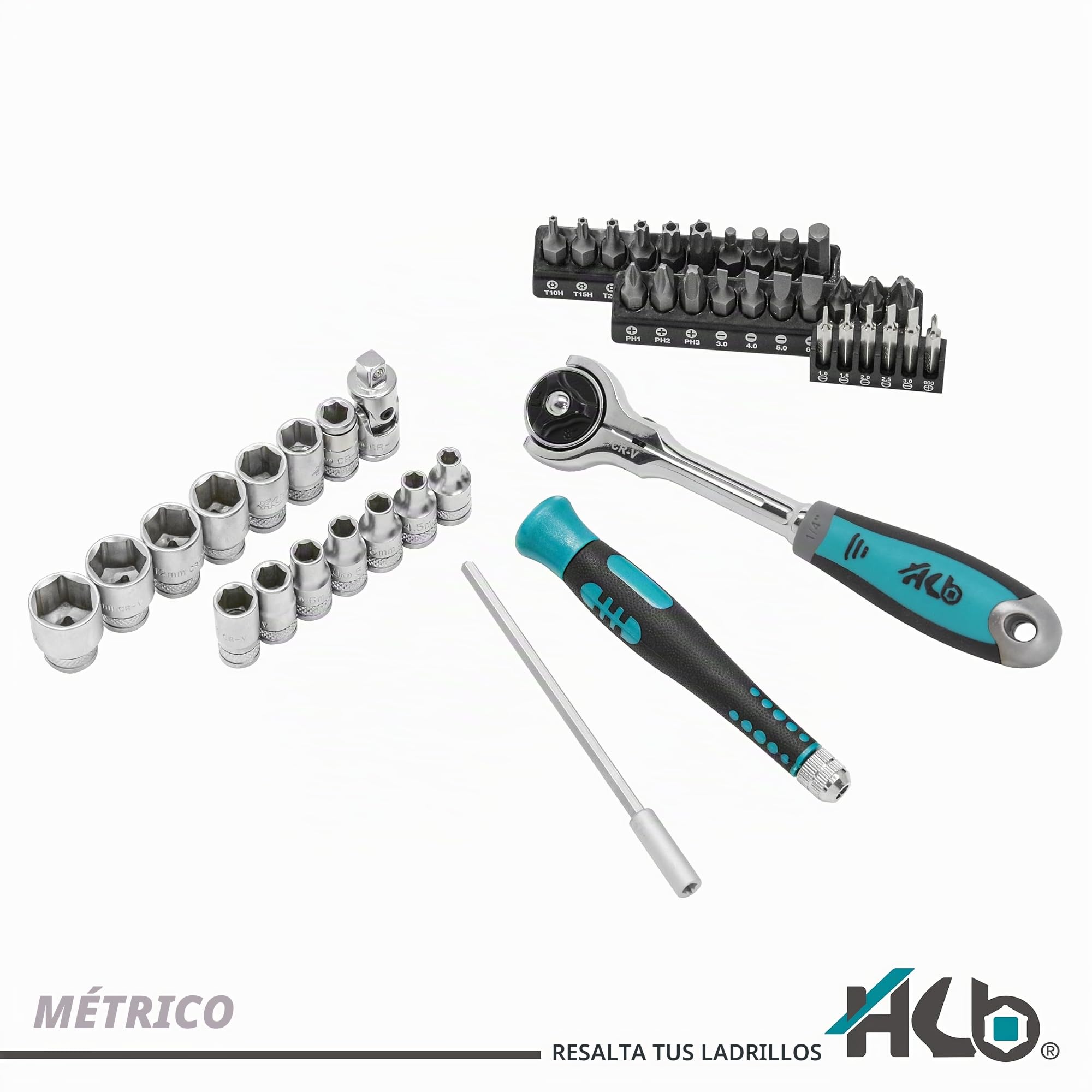 HB AKM024-G Juego Carraca Cabeza Giratoria 90 Dientes 44 Piezas 1/4" CR-V & S2 | Llaves de Vaso y Bits Profesionales Mecánico Automoción Taller Bricolaje | Maletín Portátil – Hecho en Taiwán