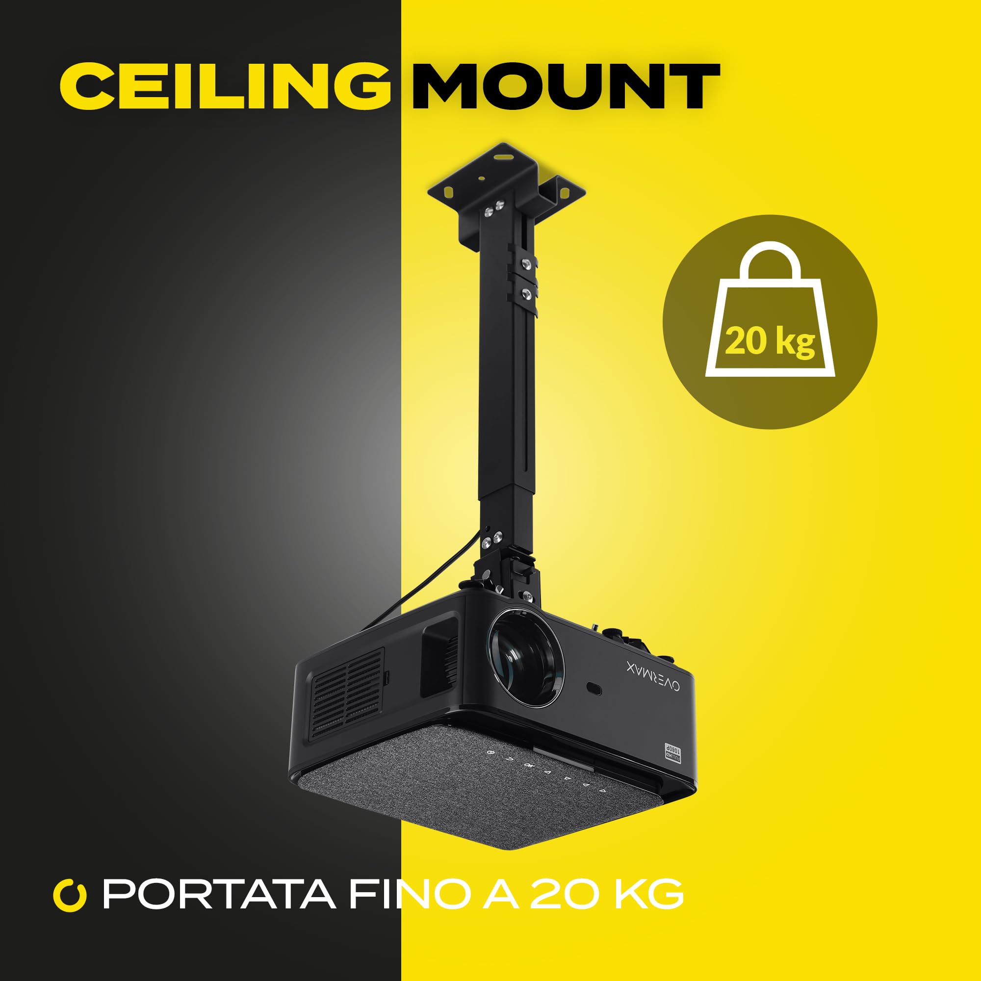 Overmax Ceiling Mount supporto per proiettore fino a 20 kg, lunghezza regolabile, regolazione dell'angolo 25 gradi, in acciaio, montaggio a parete e a soffitto, struttura leggera e stabile