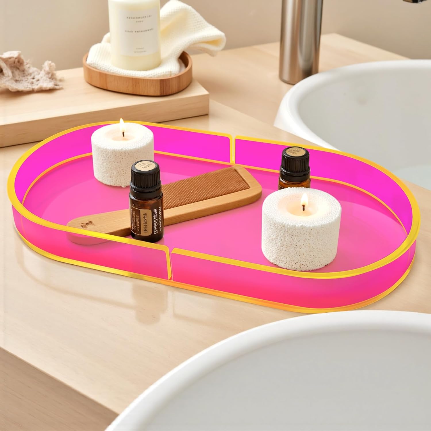 Acrylic Decorative Vanity Tray Perfume Jewelry Trinket Tray for Bathroom Counter Soap Toilet Tank Sink Small Candle Catch All Organizer, 12.6x6.3 Inches, Neon Pink