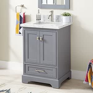 Signature Hardware 480558 Quen 24" Free Standing Single Vanity Set with Wood Cabinet, Vanity Top and Rectangular Undermount Vitreous China Sink - Single Faucet Hole - Gray/Carrara Marble