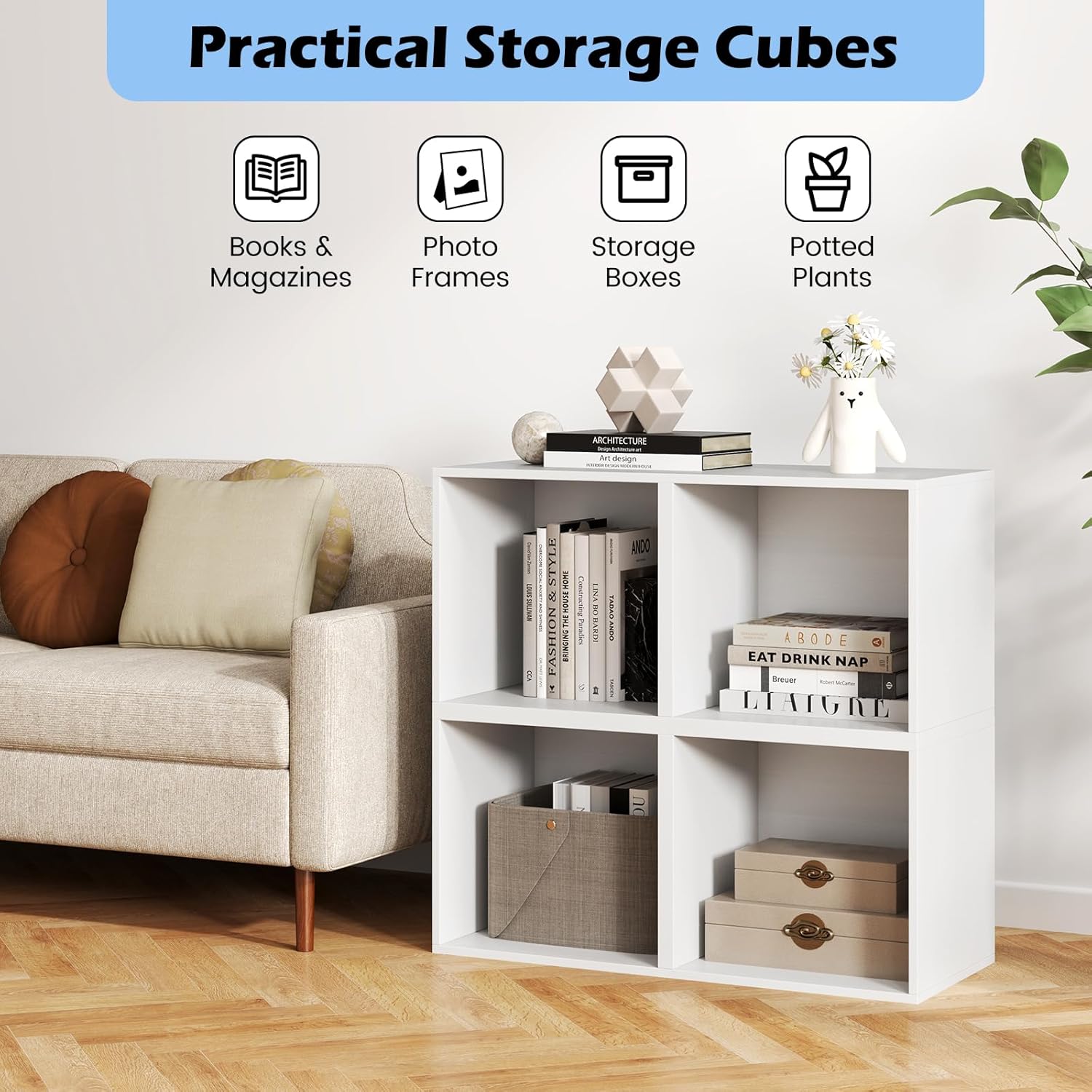 Nightcore Stackable Storage Cube, Wooden Open Bookshelf Organizer for Small Space, Display Shelving Unit, DIY Modular Storage Cube for Home, Rustic Brown/White (White, 4-Cube)