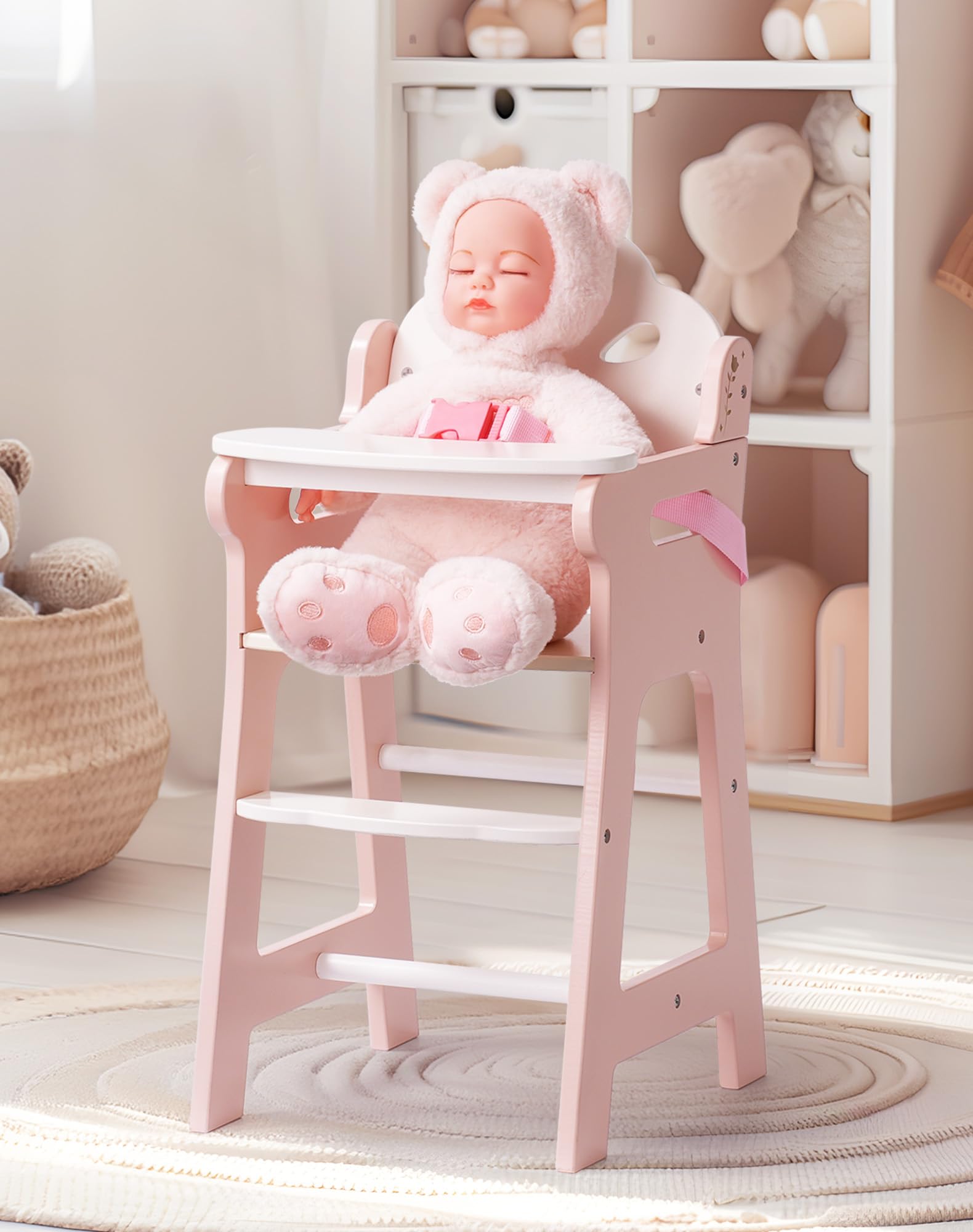 ROBOTIME Krzesełko dla lalek dla niemowląt, drewniane meble dla lalek do 45 cm, z pasem bezpieczeństwa i podpórką do jedzenia, solidne i stylowe krzesło do karmienia lalek, akcesoria dla dzieci w