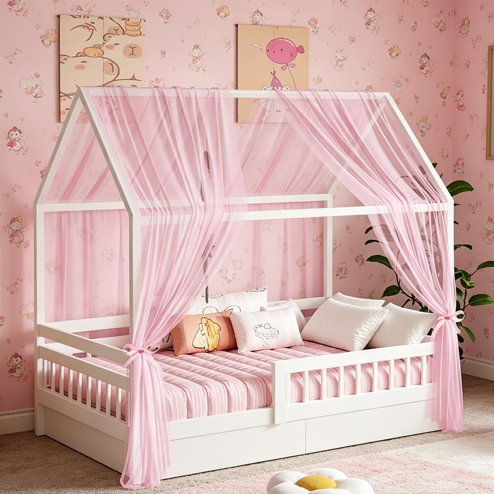 Generisch Hausbett Himmel Set, 2 Stück Betthimmel Hausbett für Hausbettdeko, Bett Vorhang für Mädchen Jungen Kinderbett Kinderzimmer Deko, 150cm*350cm (Rosa)