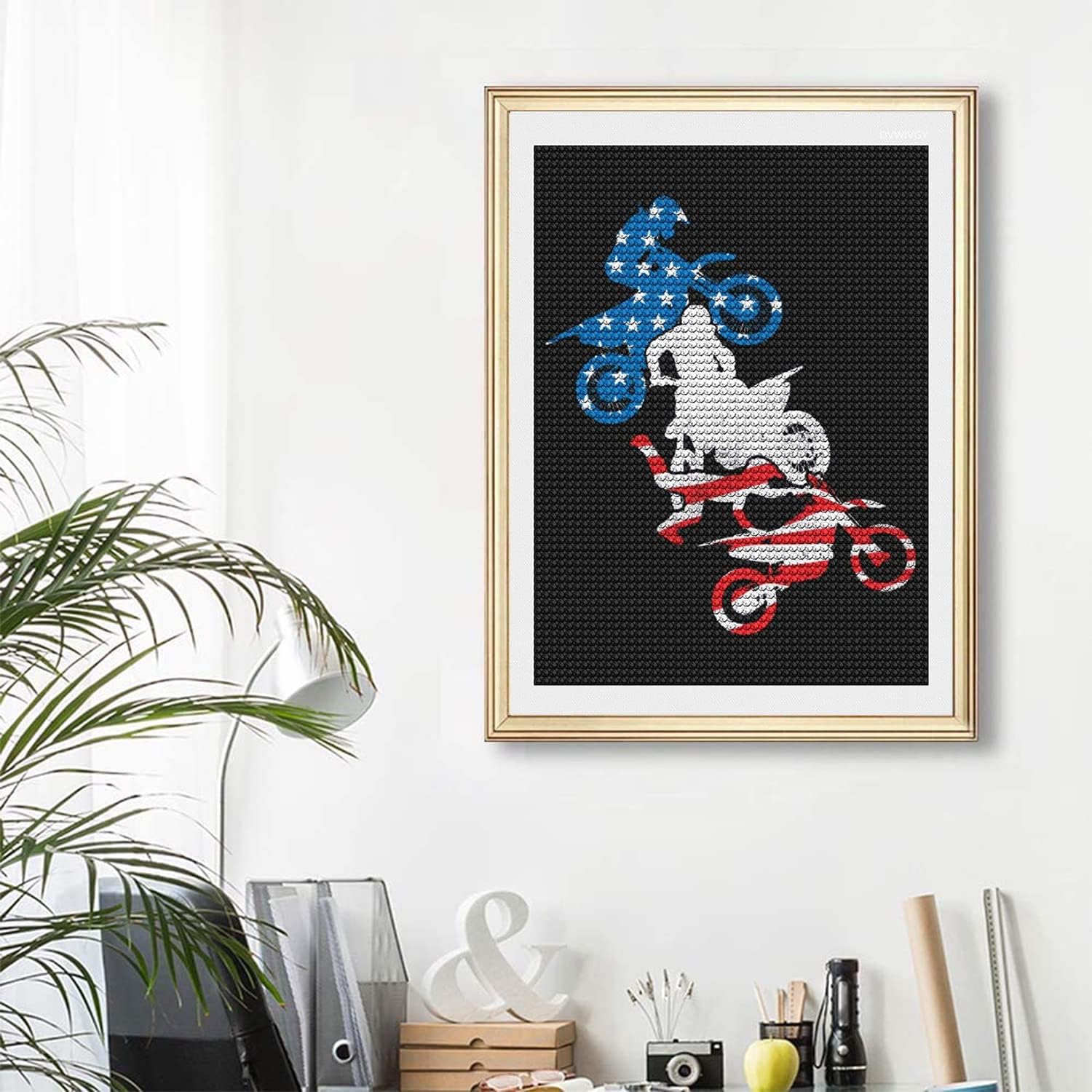 DIY Diamond Painting Kits Dirt Bike American Flag Diamond Art for Adults Kids, Full Round Drill Paint by Numbers Arts Pictures for Home Wall Decor Gifts 16 x 12 inch
